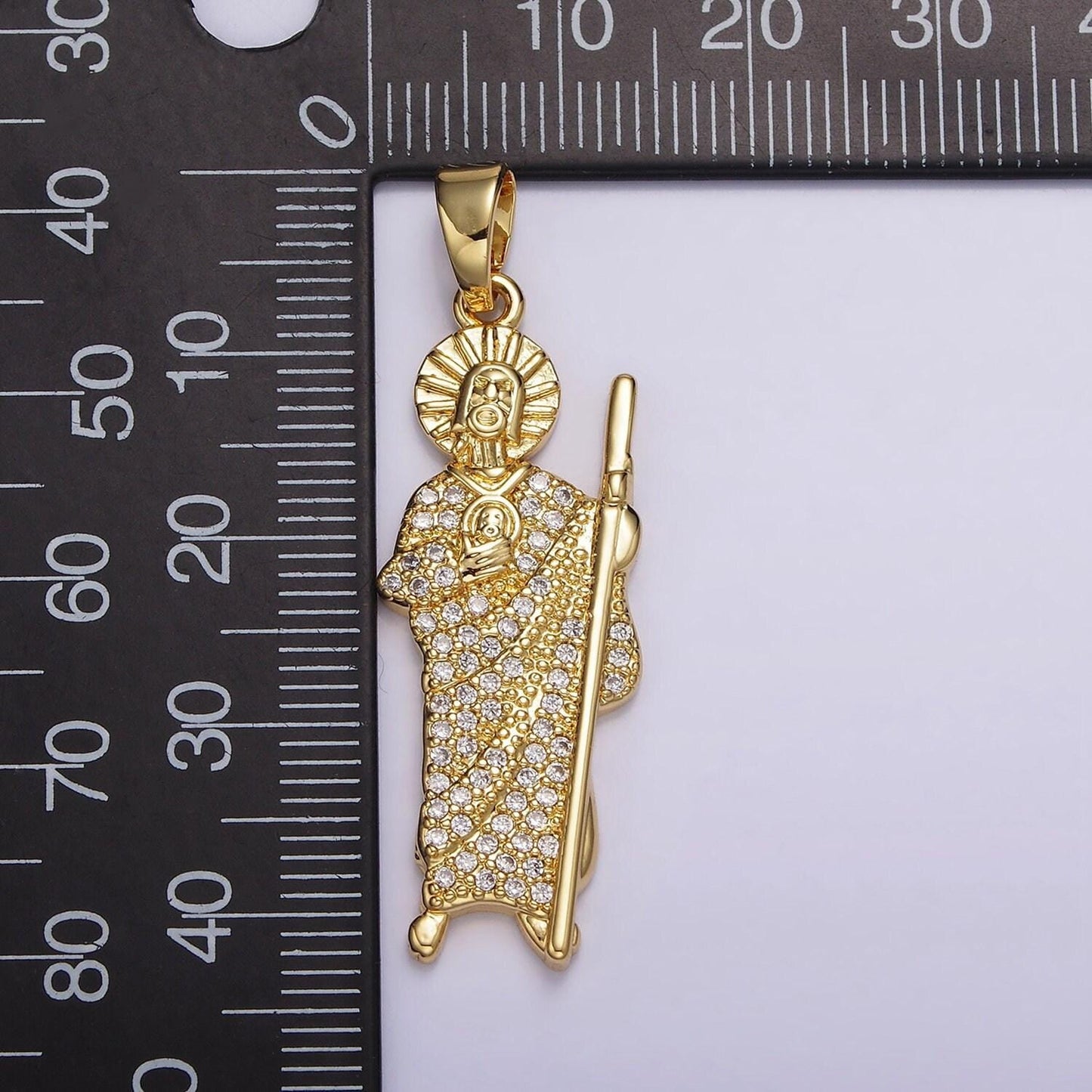14k gold filled 43mm saint jude religious figure clear micro paved cz pendant | n1780