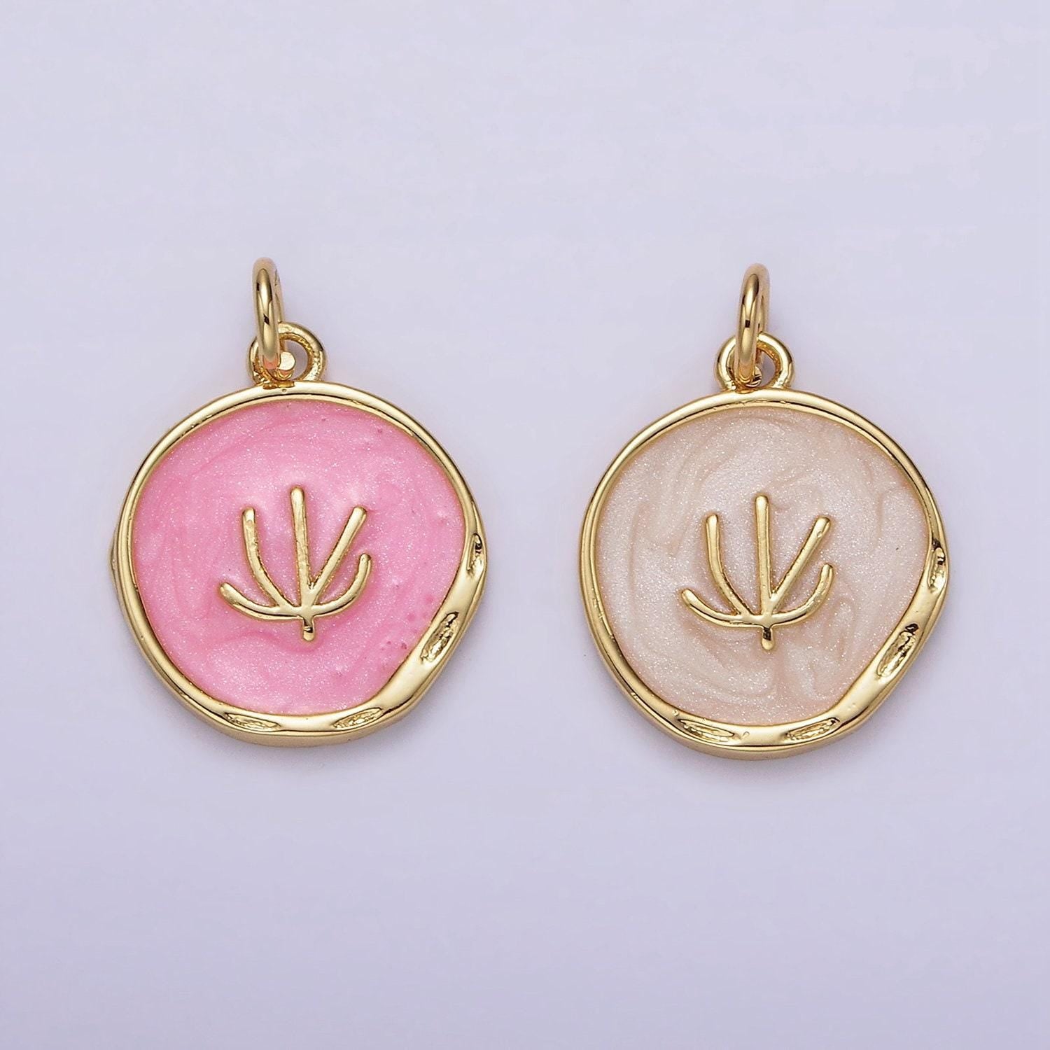16k gold filled tree doodle line seaweed broken white, pink sparkly enamel stamped dented round charm | n1771 n1772