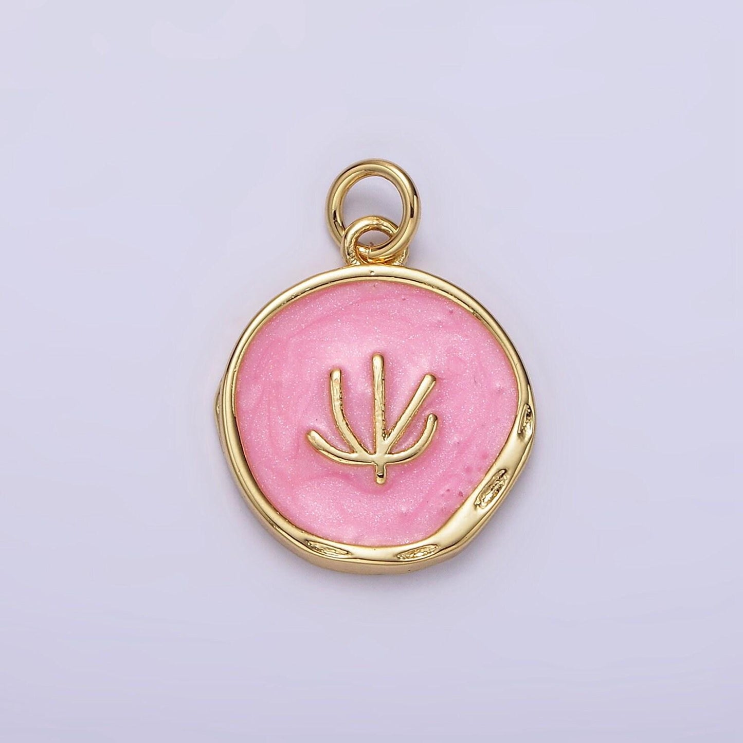 16k gold filled tree doodle line seaweed broken white, pink sparkly enamel stamped dented round charm | n1771 n1772
