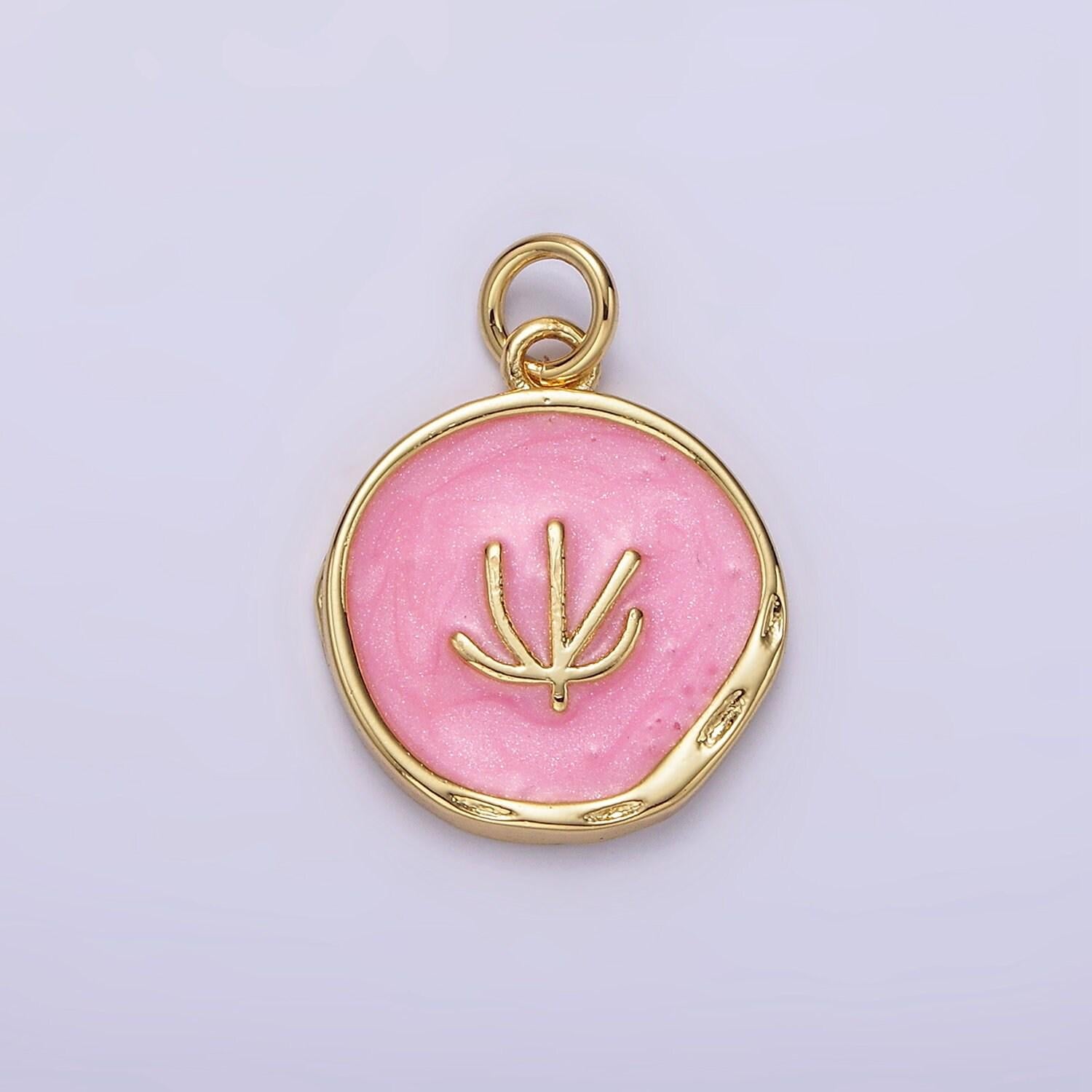 16k gold filled tree doodle line seaweed broken white, pink sparkly enamel stamped dented round charm | n1771 n1772