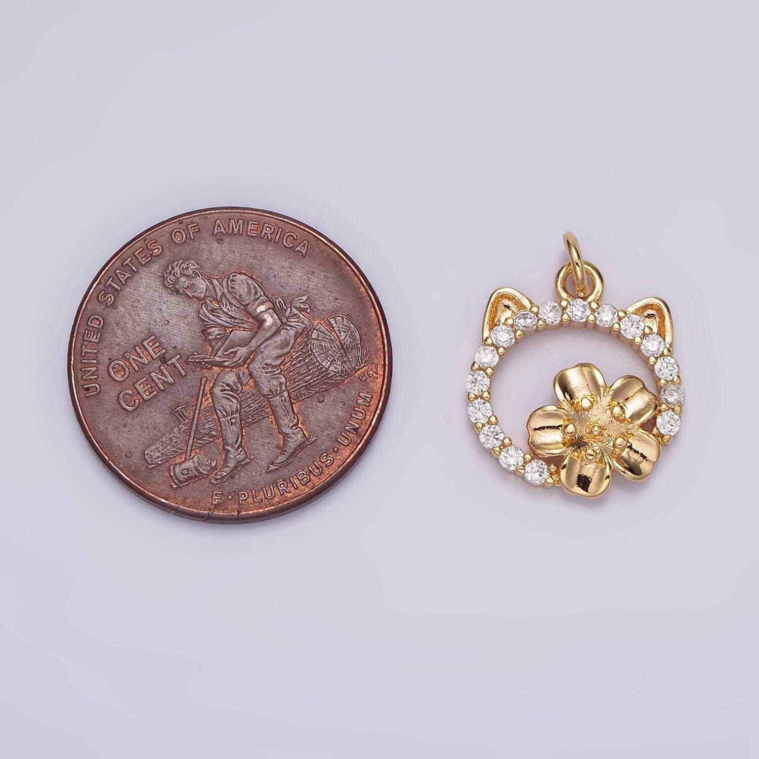 14k gold filled flower cat open micro paved cz round charm | n1767