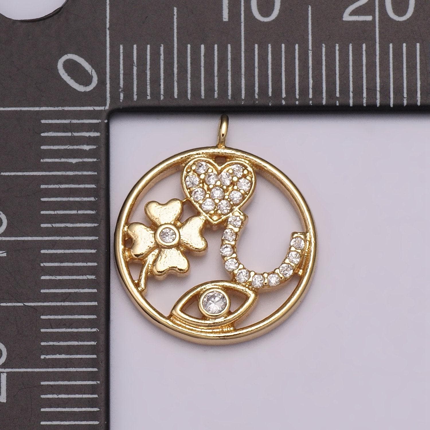 Dainty good luck medallion charm gold filled pendant for necklace bracelet component supply clover horseshoe heart evil eye cz