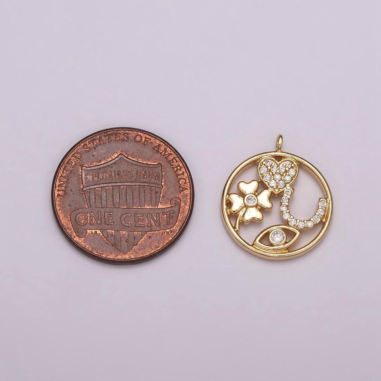 Dainty good luck medallion charm gold filled pendant for necklace bracelet component supply clover horseshoe heart evil eye cz