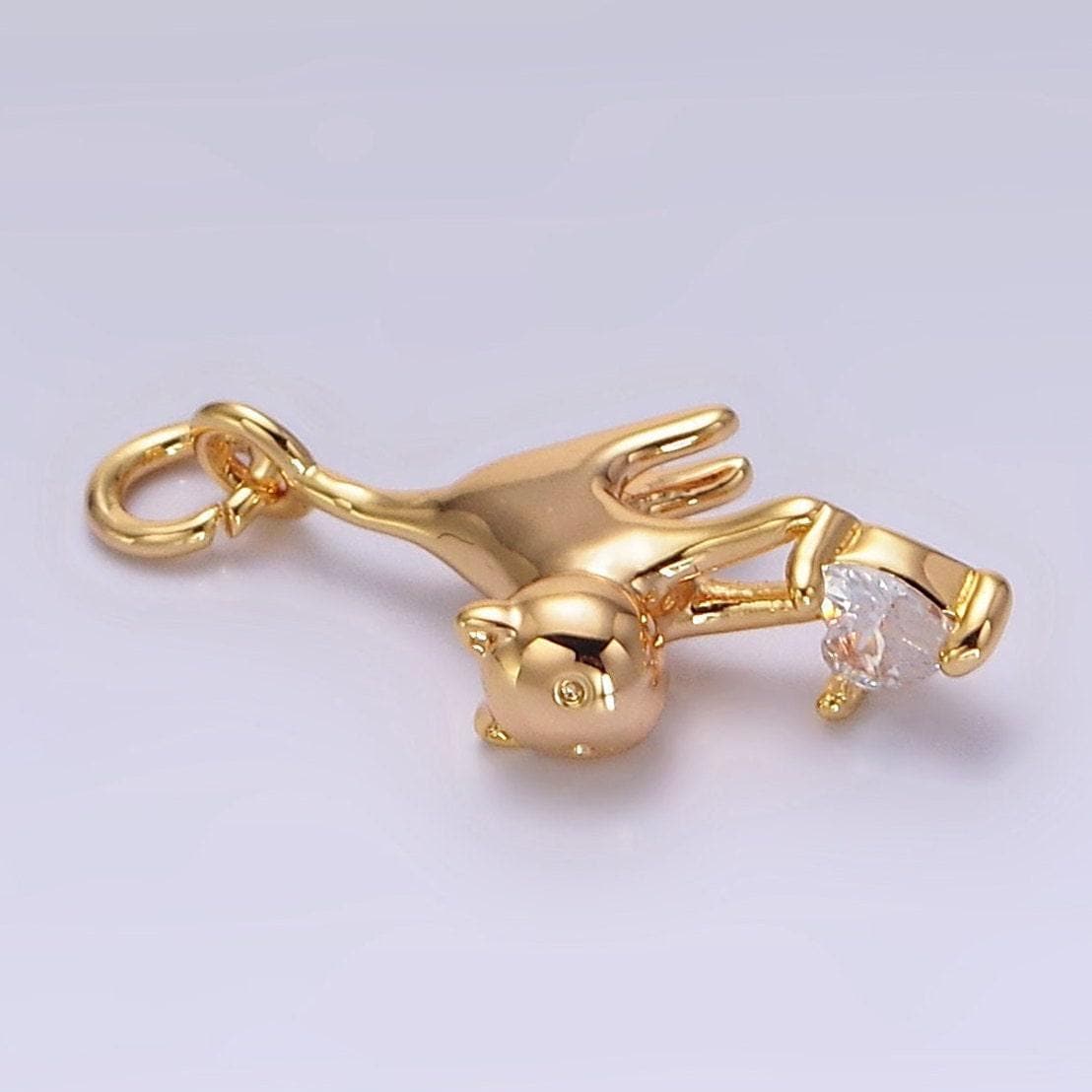 18k gold filled cat pet animal clear heart cz charm | n1757