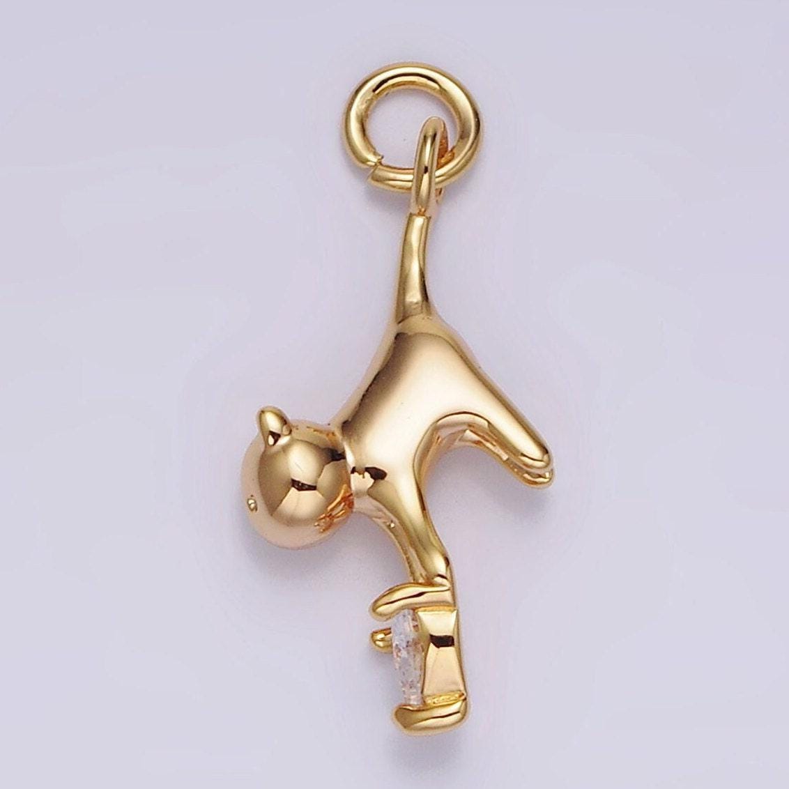 18k gold filled cat pet animal clear heart cz charm | n1757
