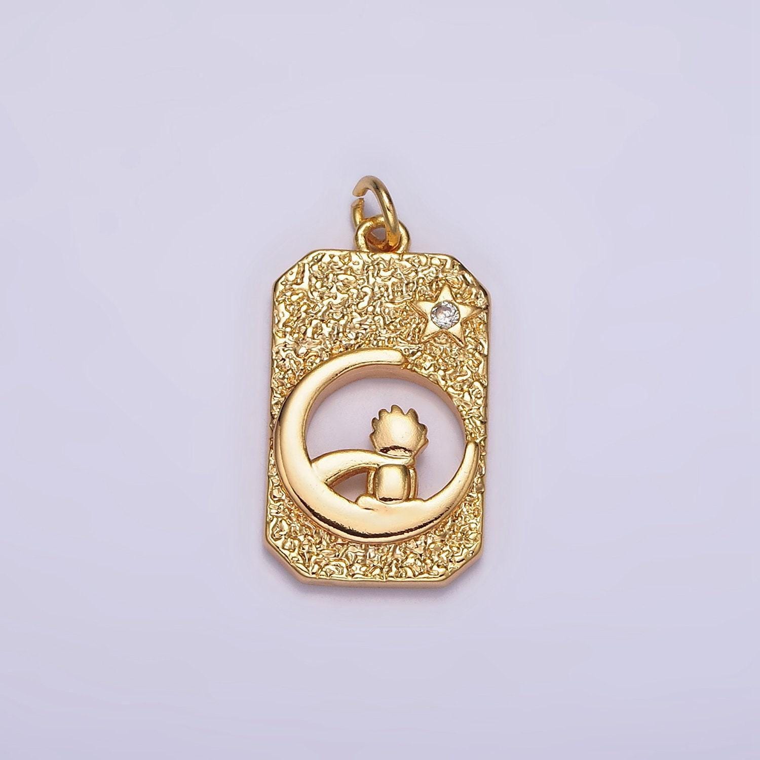 18k gold filled celestial crescent star moon little boy prince open hammered tag charm | n-1755