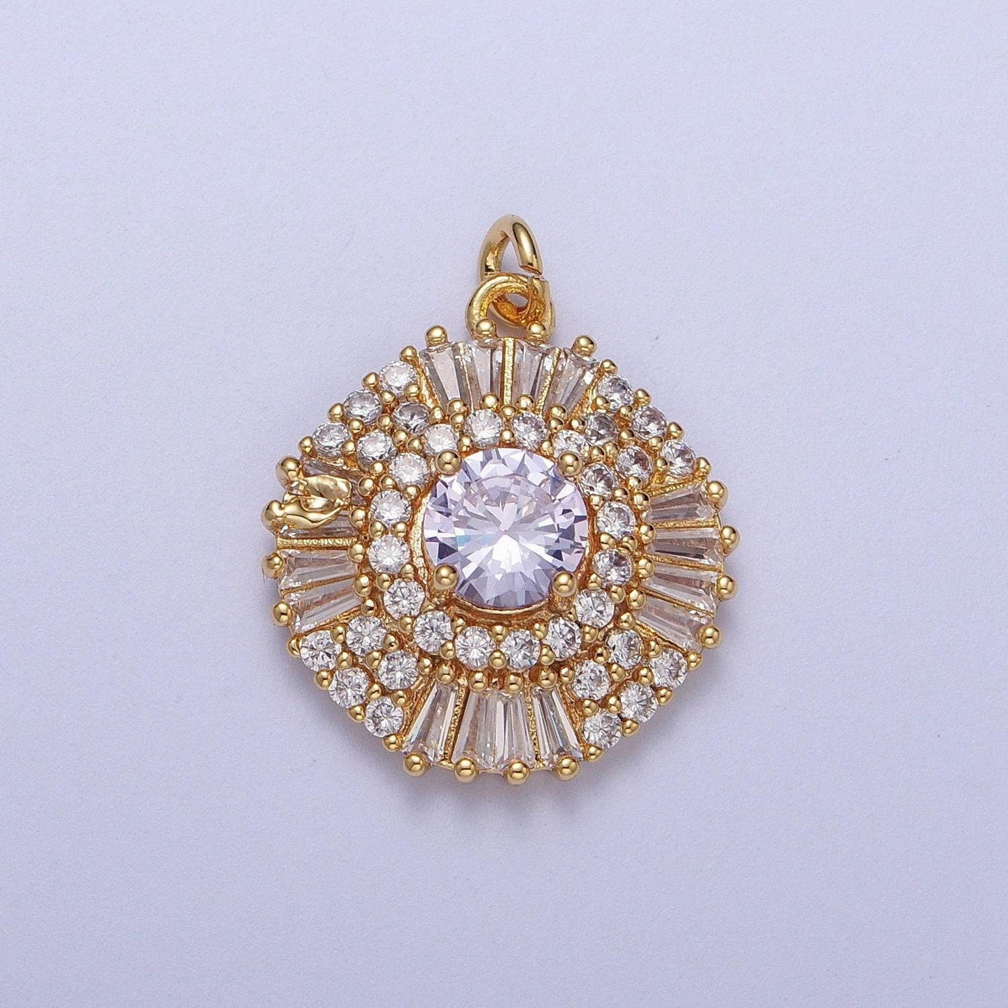 Elegant gold cz crystals circle pendant, 24k gold filled yellow/purple diamond micropaved clear cz baguette stones round charm | n-172