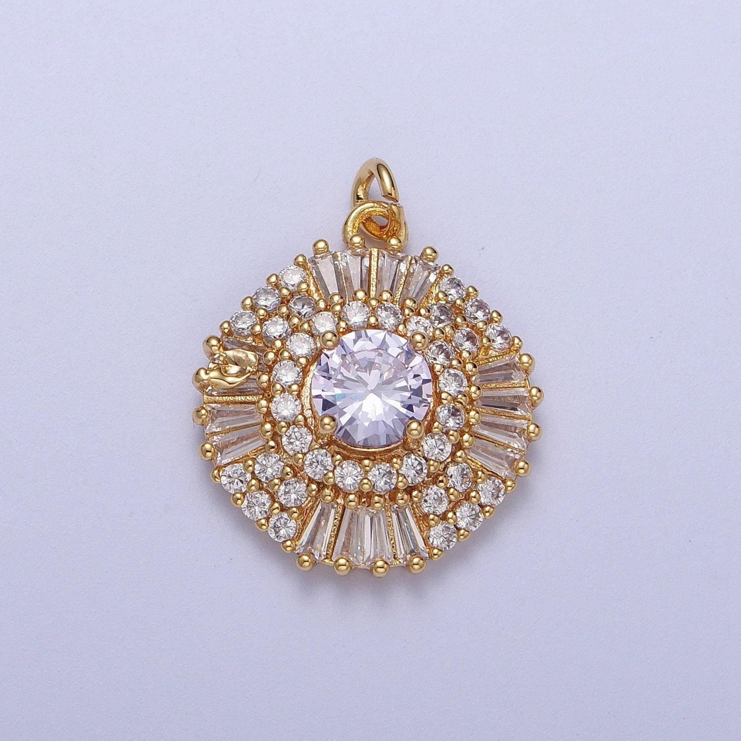 Elegant gold cz crystals circle pendant, 24k gold filled yellow/purple diamond micropaved clear cz baguette stones round charm | n-172