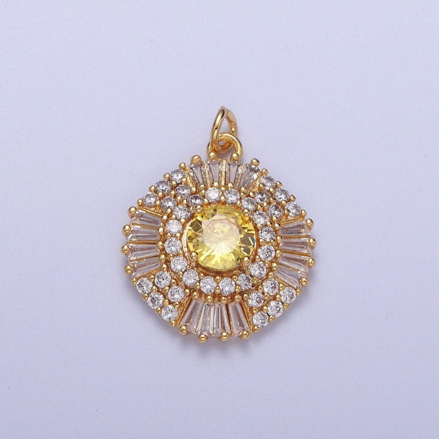 Elegant gold cz crystals circle pendant, 24k gold filled yellow/purple diamond micropaved clear cz baguette stones round charm | n-172