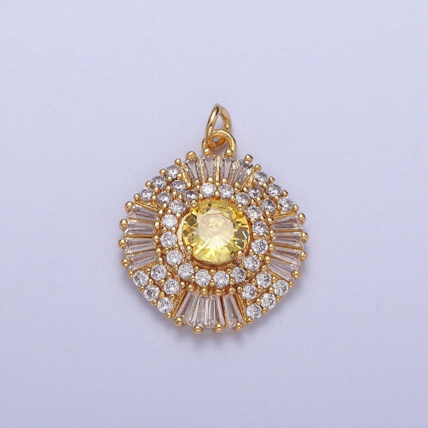 Elegant gold cz crystals circle pendant, 24k gold filled yellow/purple diamond micropaved clear cz baguette stones round charm | n-172