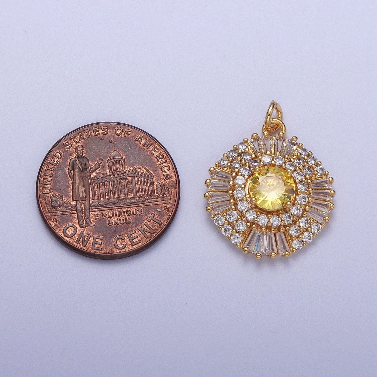 Elegant gold cz crystals circle pendant, 24k gold filled yellow/purple diamond micropaved clear cz baguette stones round charm | n-172