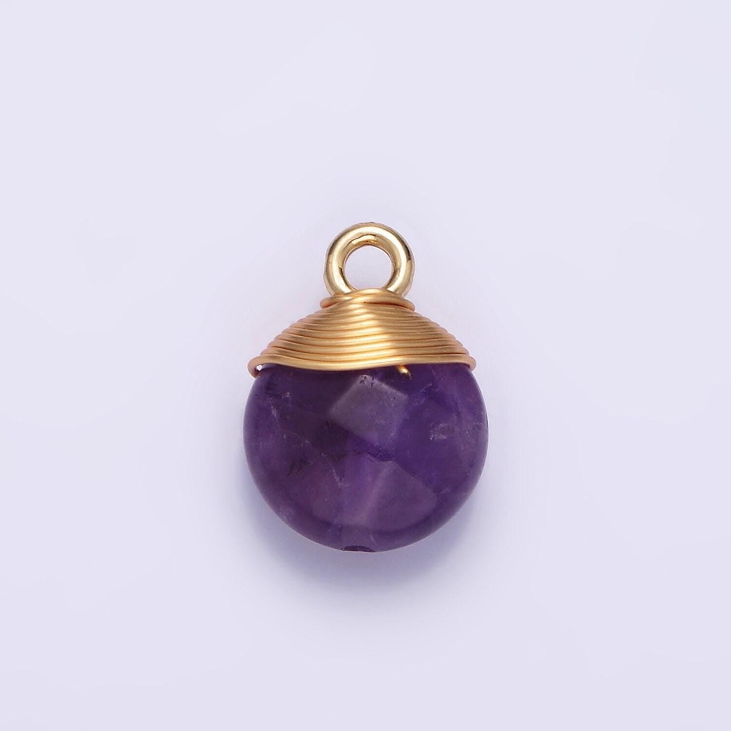 14k gold filled natural gemstone round multifaceted wire wrapped charm | n1718 - n1722