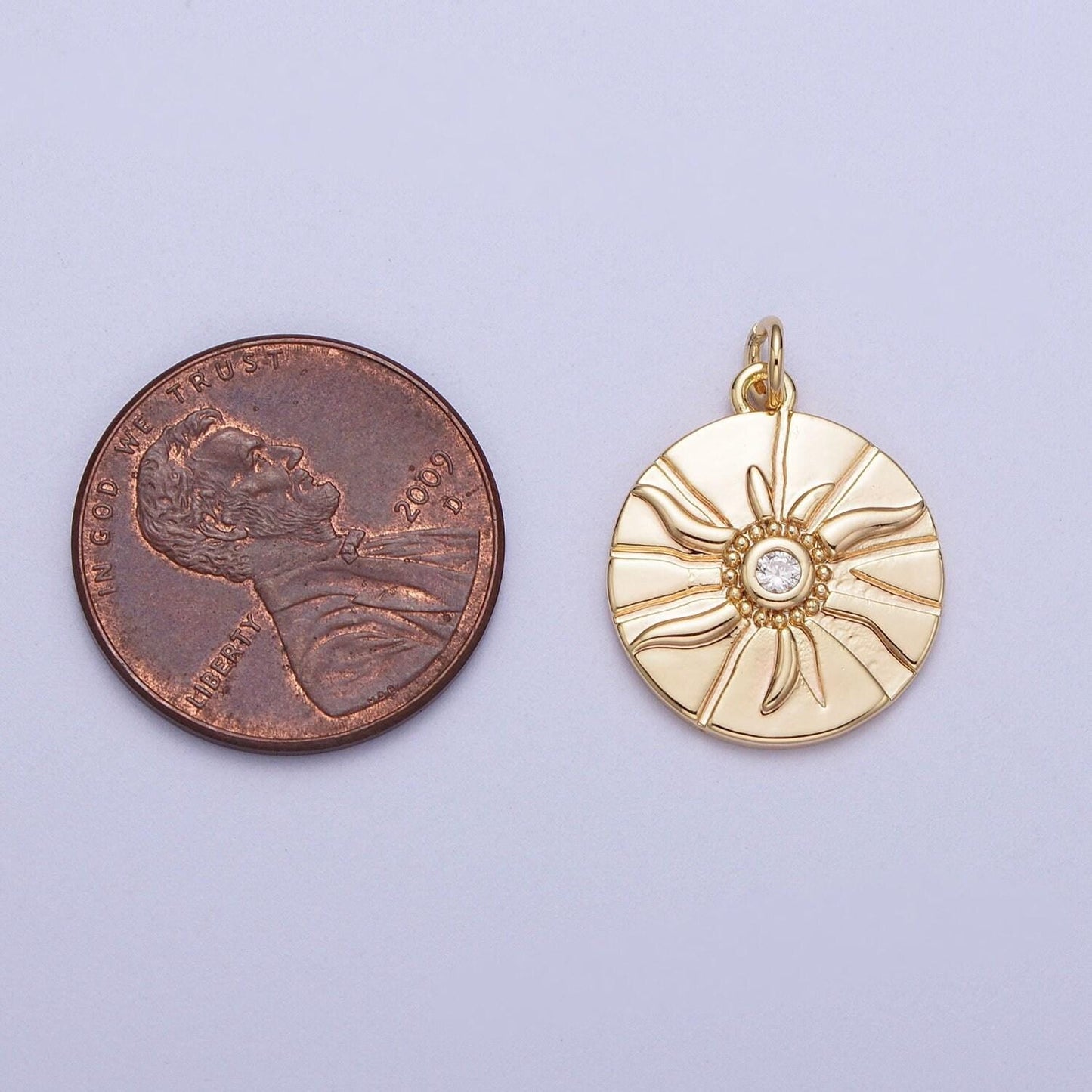 16k gold filled clear micro paved cz rustic sun rays beaded center coin medallion charm | n-171