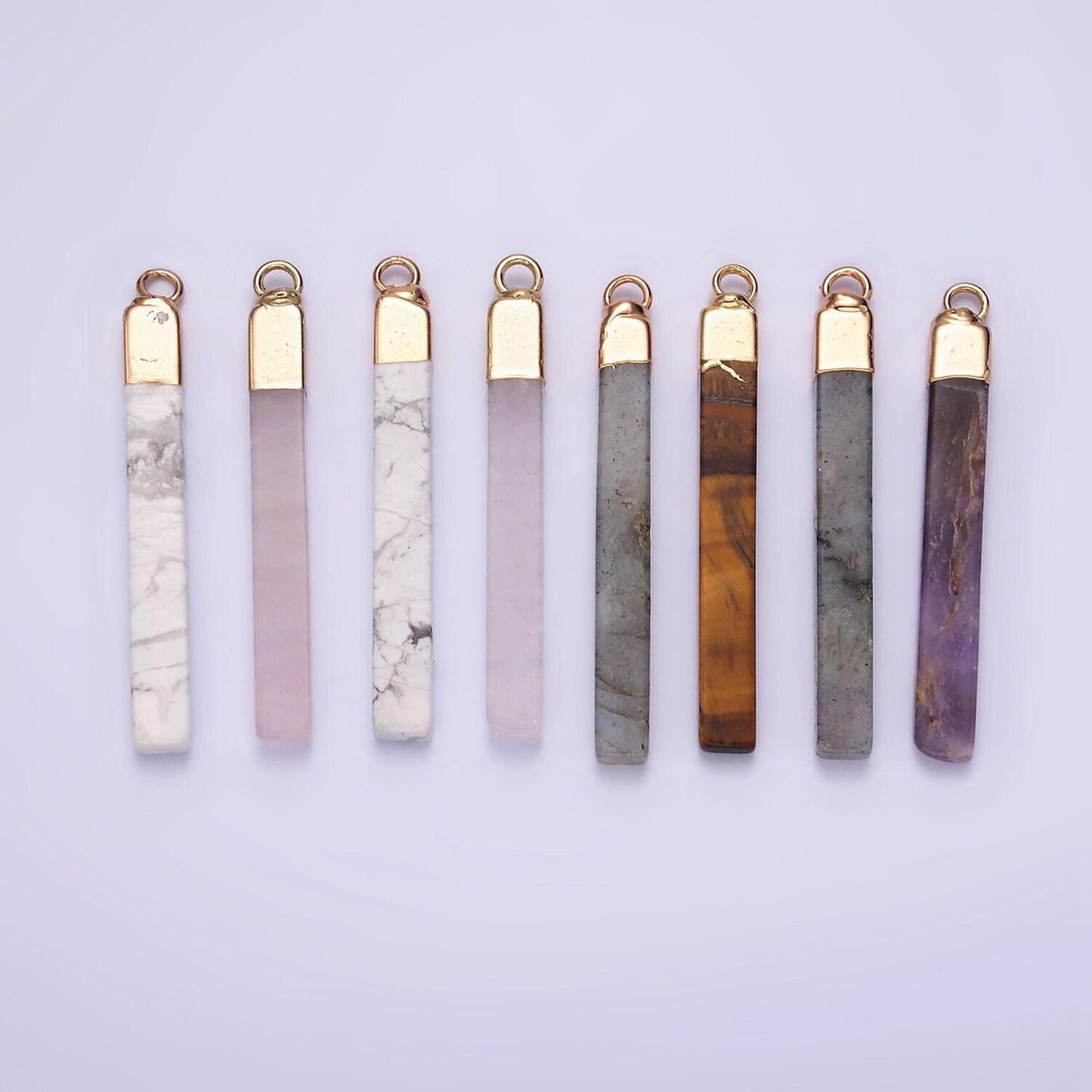 14k gold filled tiger eye, howlite, rose quartz, amethyst, labradorite foiled rectangular bar tag charm | n1700 - n1704