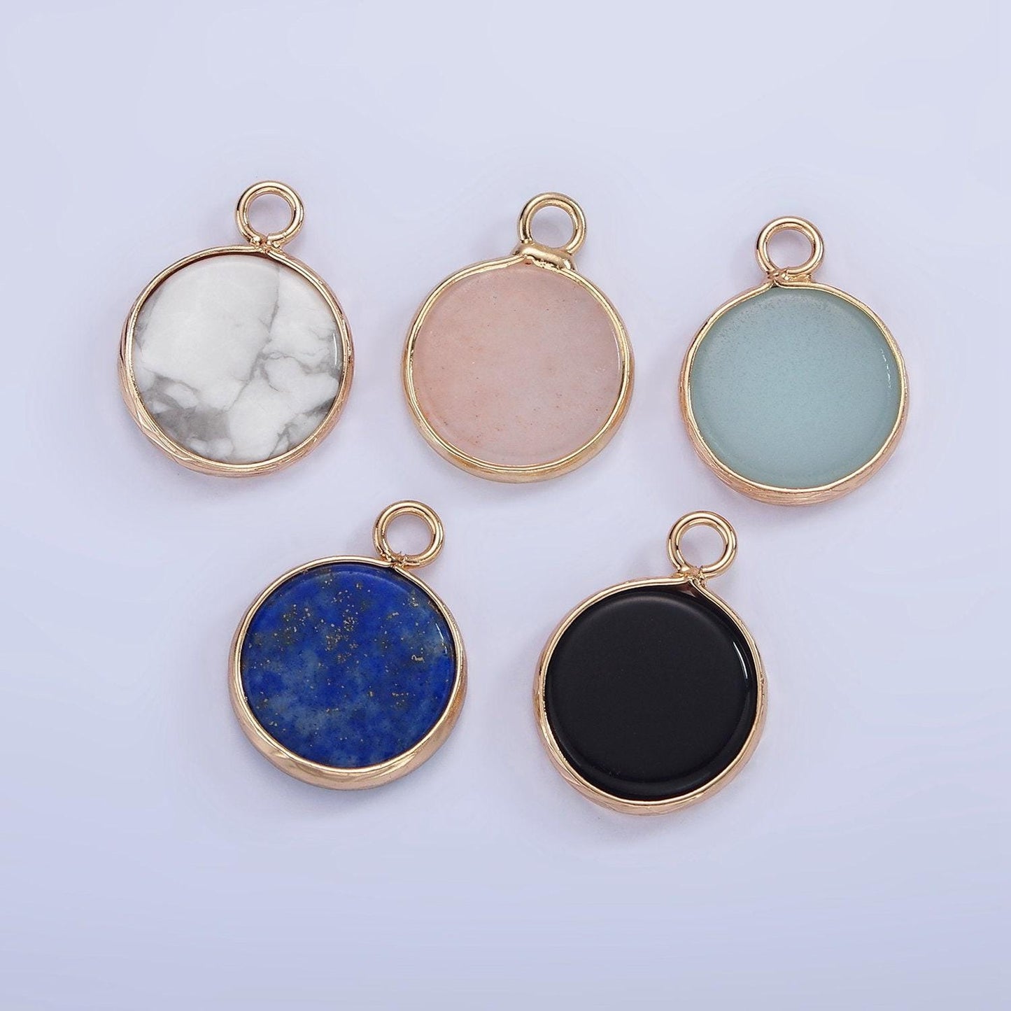 14k gold filled amazonite, pink quartz, onyx, howlite, blue lapis round bezel charm | n1691 - n1695