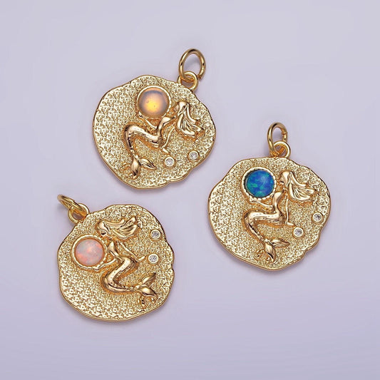 18k gold filled 19 mm gemstone mermaid fish stamped round charm | n1687 , n1753 - n1754