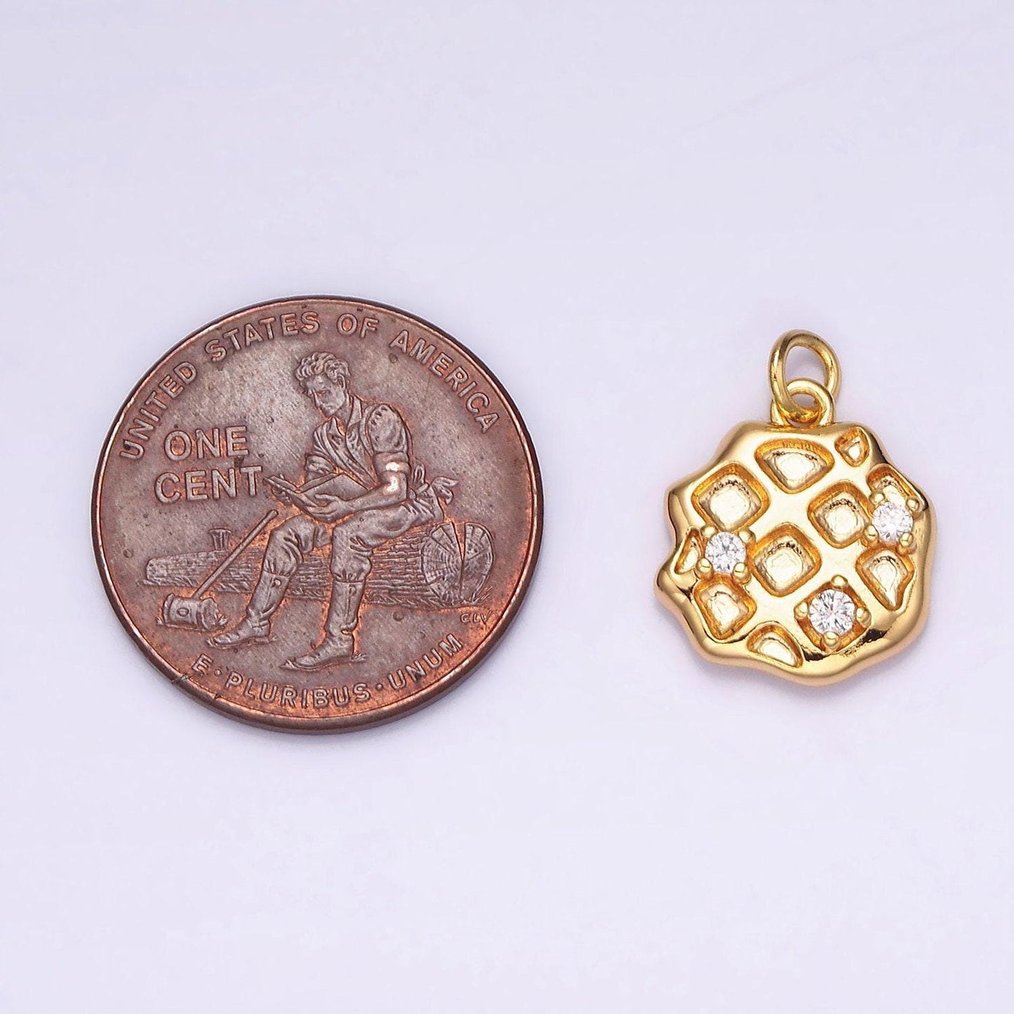 18k gold filled clear cz rhombus dented waffle abstract round charm | n1686