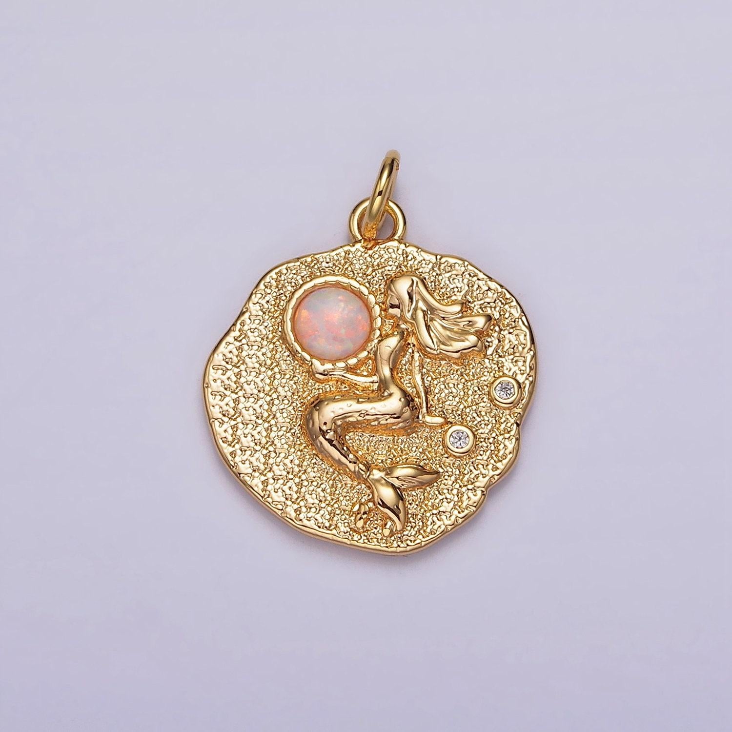 18k gold filled 19 mm gemstone mermaid fish stamped round charm | n1687 , n1753 - n1754