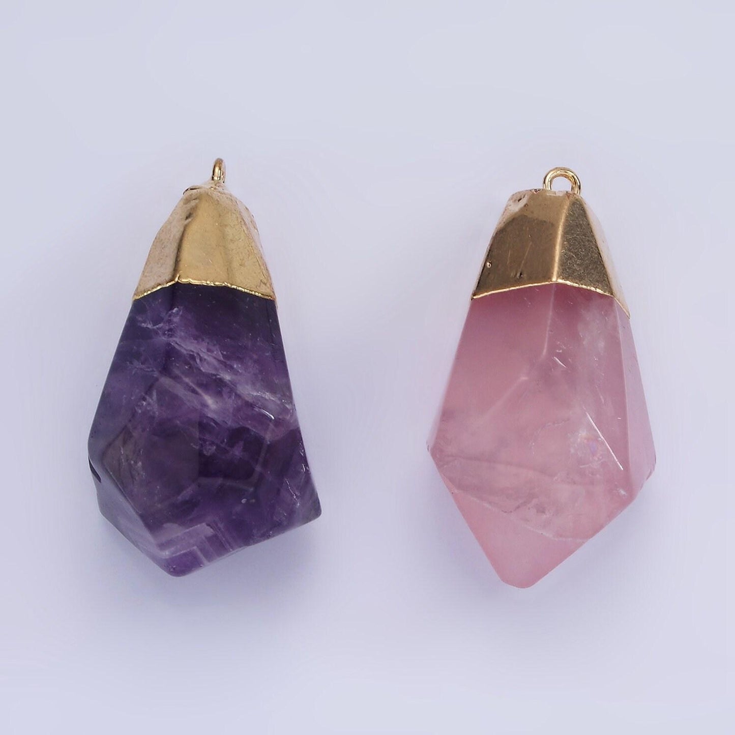 14k gold filled 35.5mm rose quartz, amethyst abstract multifaceted point foiled charm | n1653 n1654