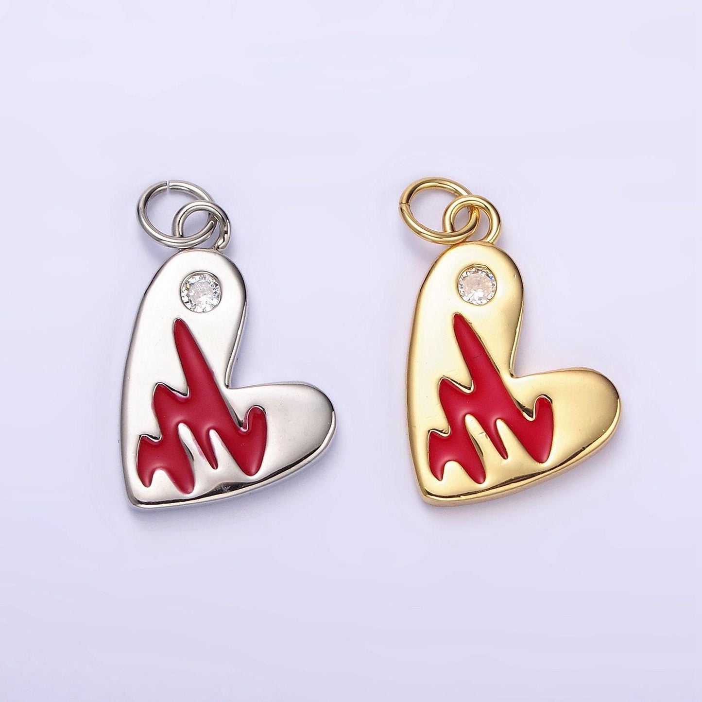 14k gold filled red enamel clear cz dot heart charm in gold & silver | n1549 n1550