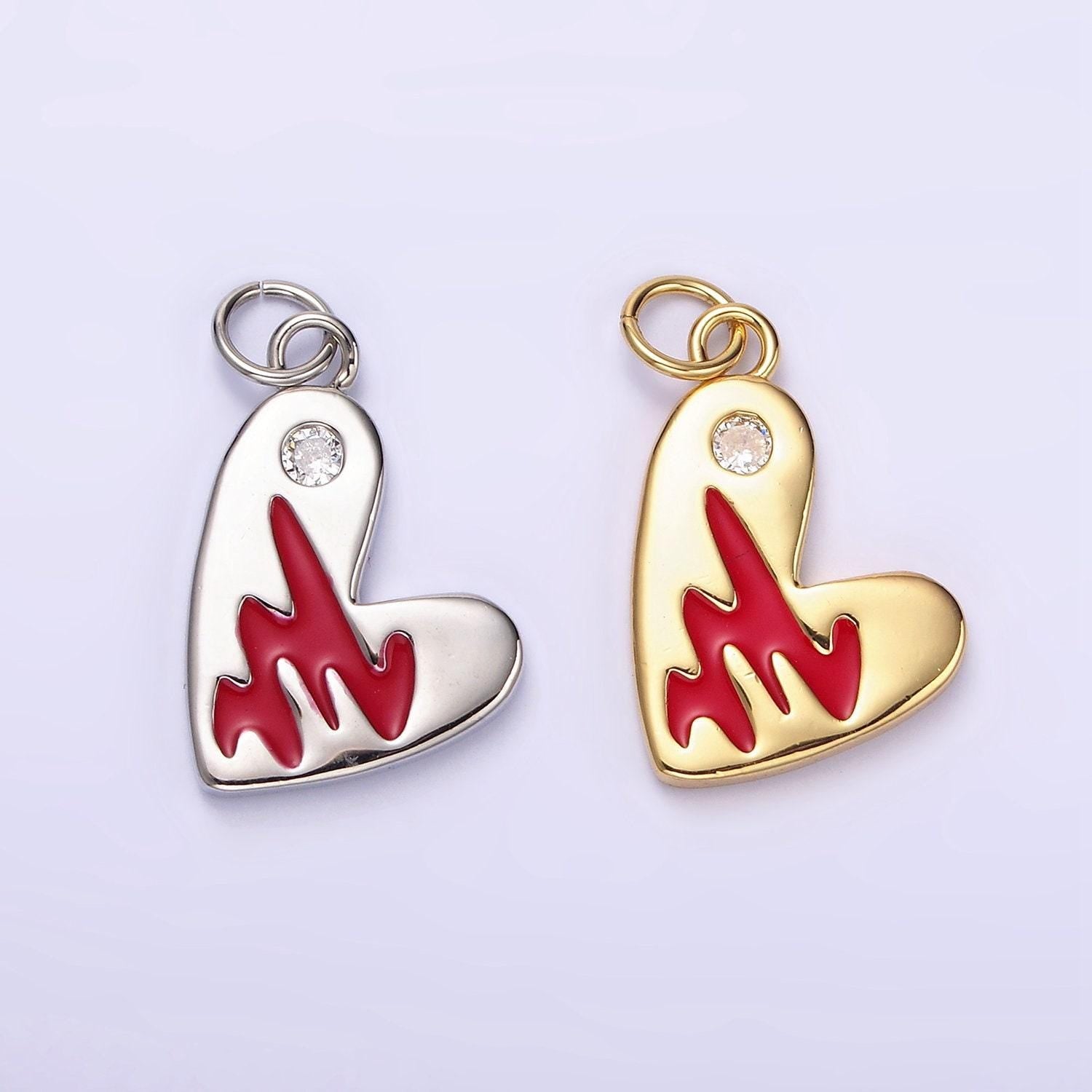 14k gold filled red enamel clear cz dot heart charm in gold & silver | n1549 n1550