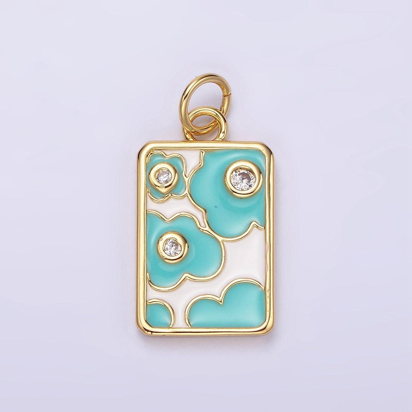 14k gold filled triple clear cz teal flower cloud enamel rectangular charm in gold & silver | n1547 n1548