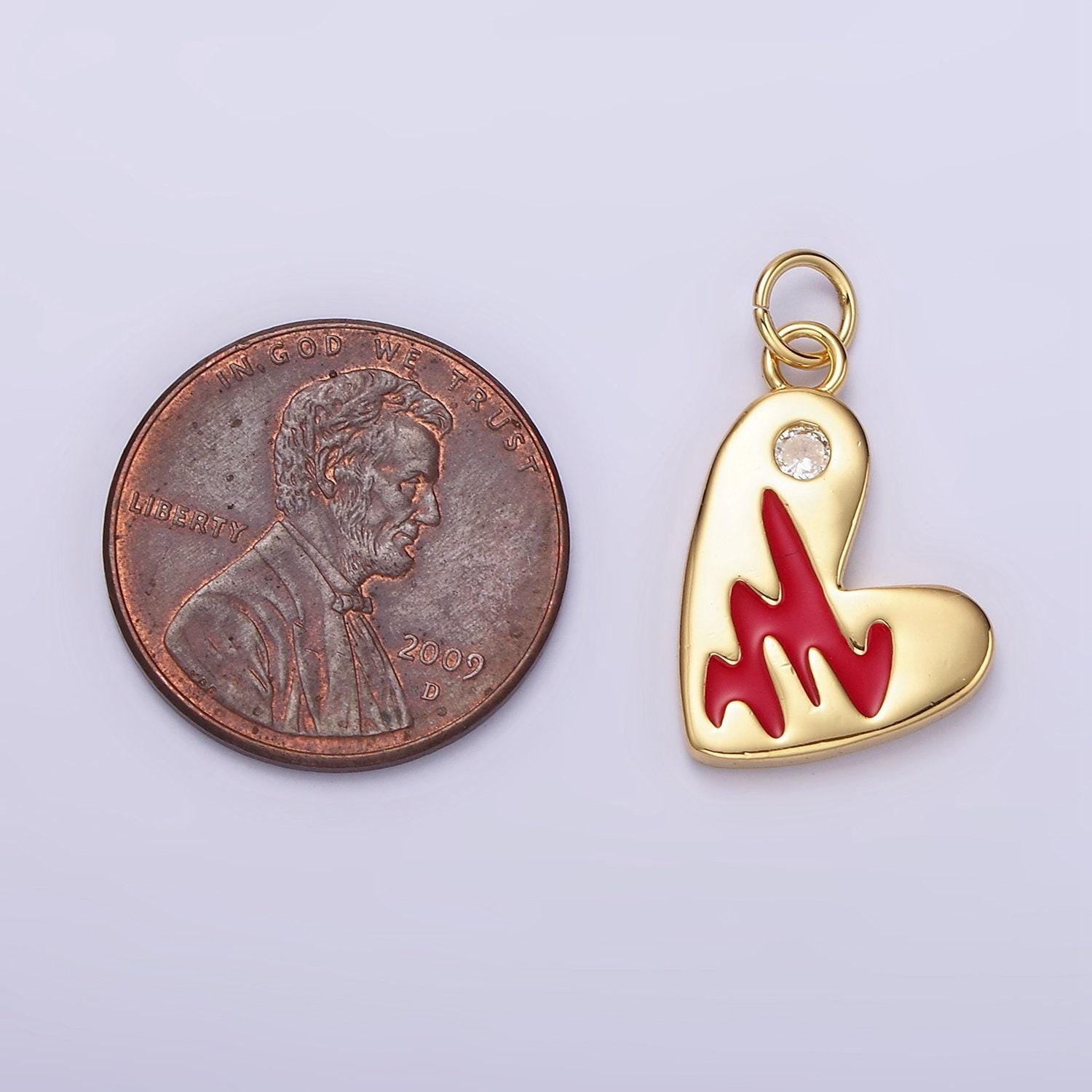 14k gold filled red enamel clear cz dot heart charm in gold & silver | n1549 n1550