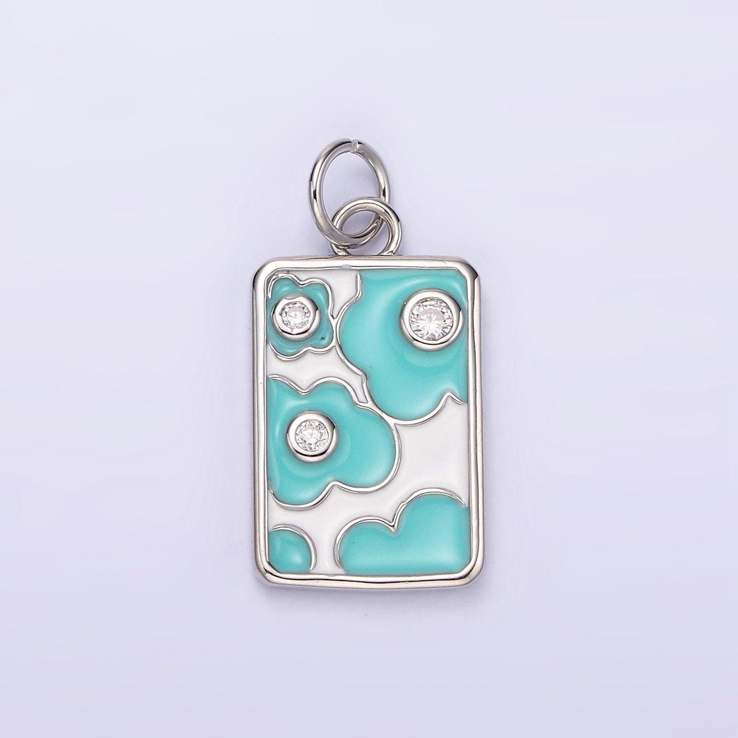 14k gold filled triple clear cz teal flower cloud enamel rectangular charm in gold & silver | n1547 n1548