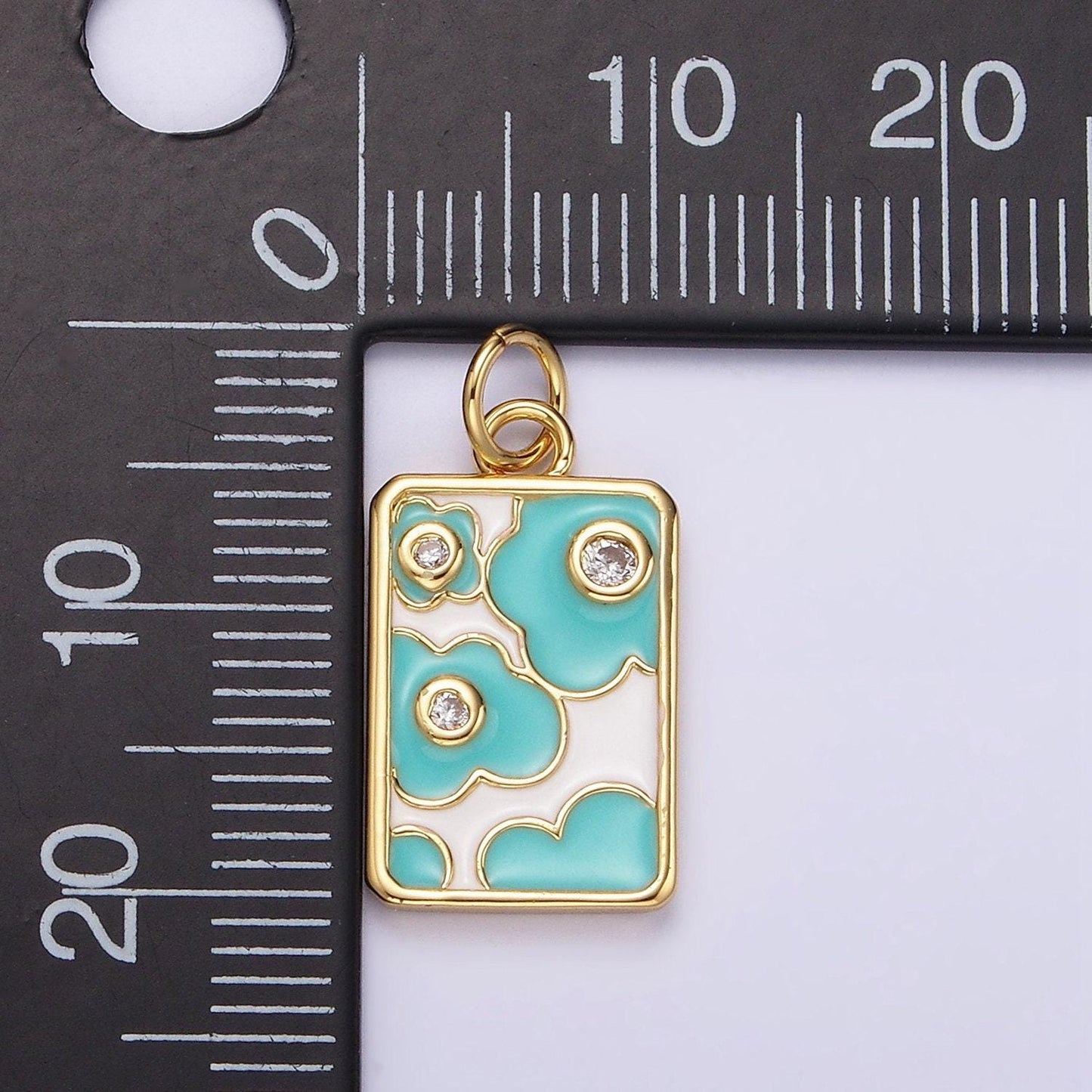 14k gold filled triple clear cz teal flower cloud enamel rectangular charm in gold & silver | n1547 n1548