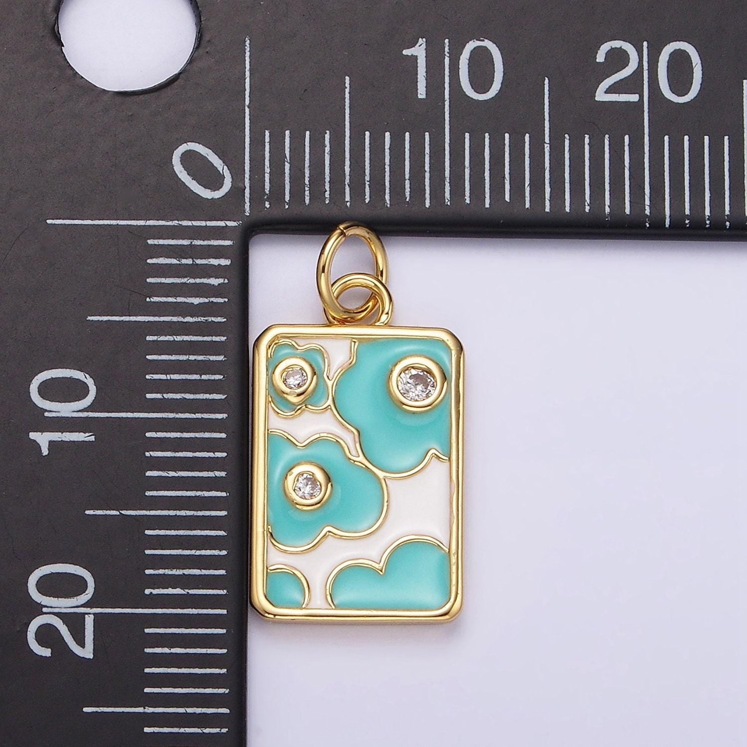 14k gold filled triple clear cz teal flower cloud enamel rectangular charm in gold & silver | n1547 n1548