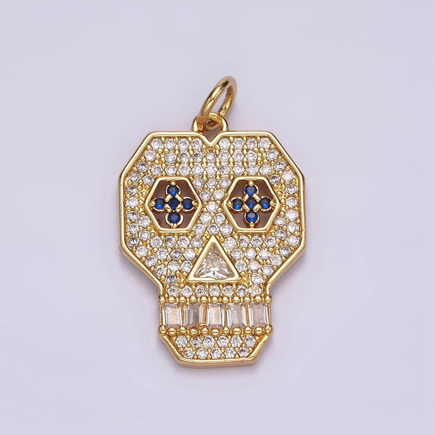 14k gold filled blue-eyed skeleton skull clear micro paved cz charm | n1536