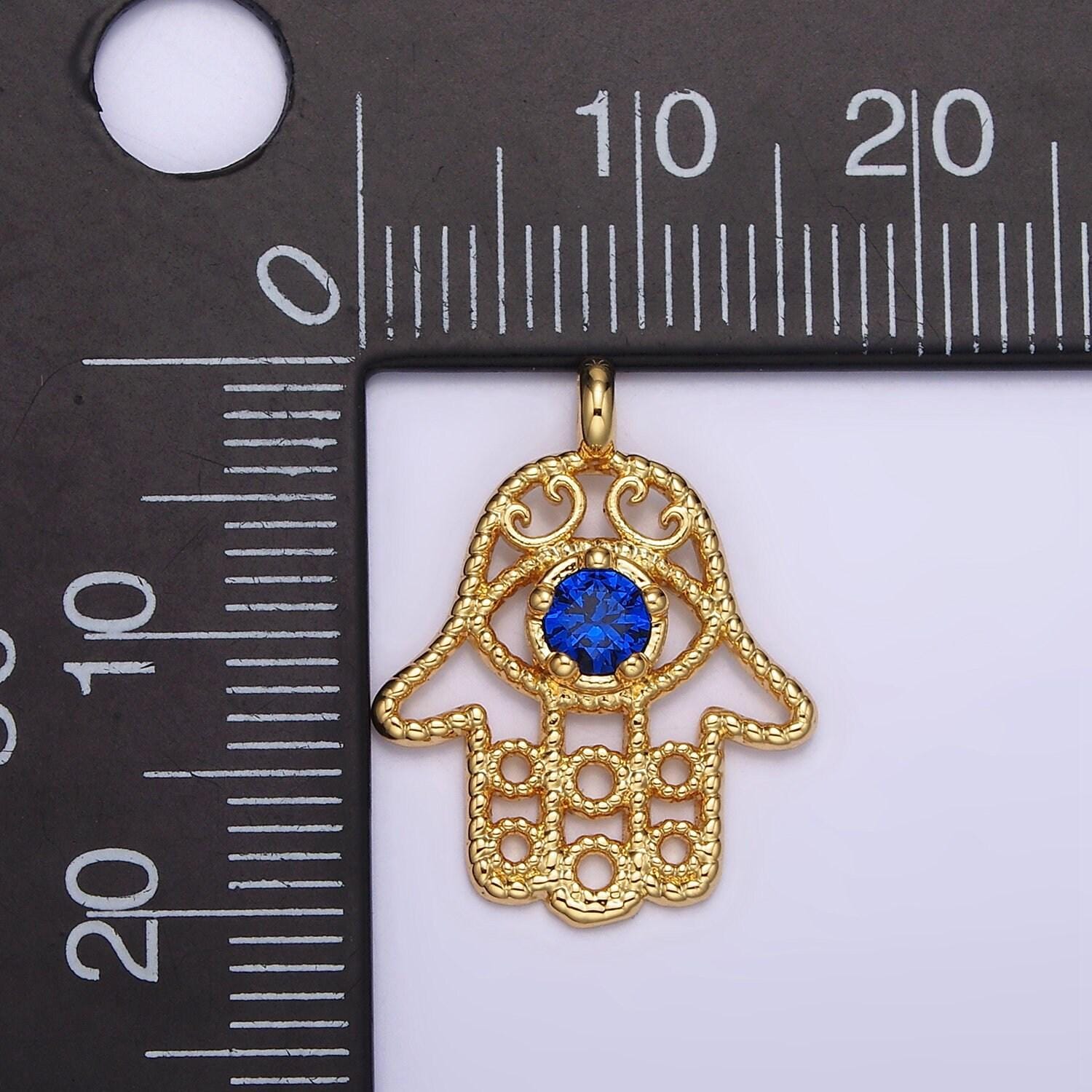 16k gold filled blue cz elaborate twisted open hamsa hand pendant | n1522