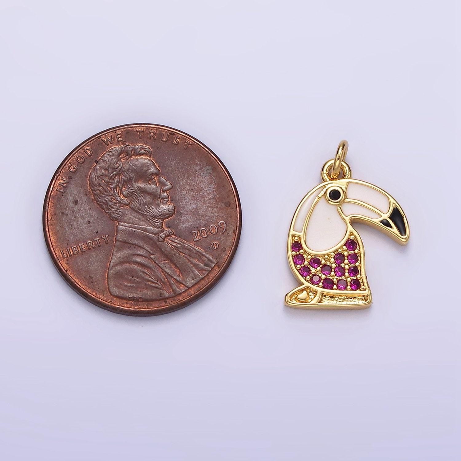 14k gold filled long-beak hummingbird animal fuchsia micro paved cz black & white enamel charm | n1518