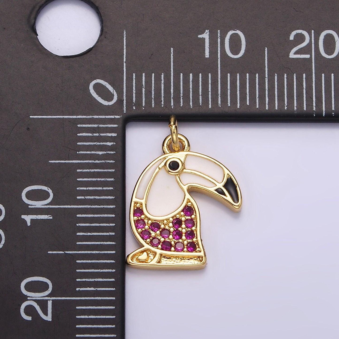 14k gold filled long-beak hummingbird animal fuchsia micro paved cz black & white enamel charm | n1518