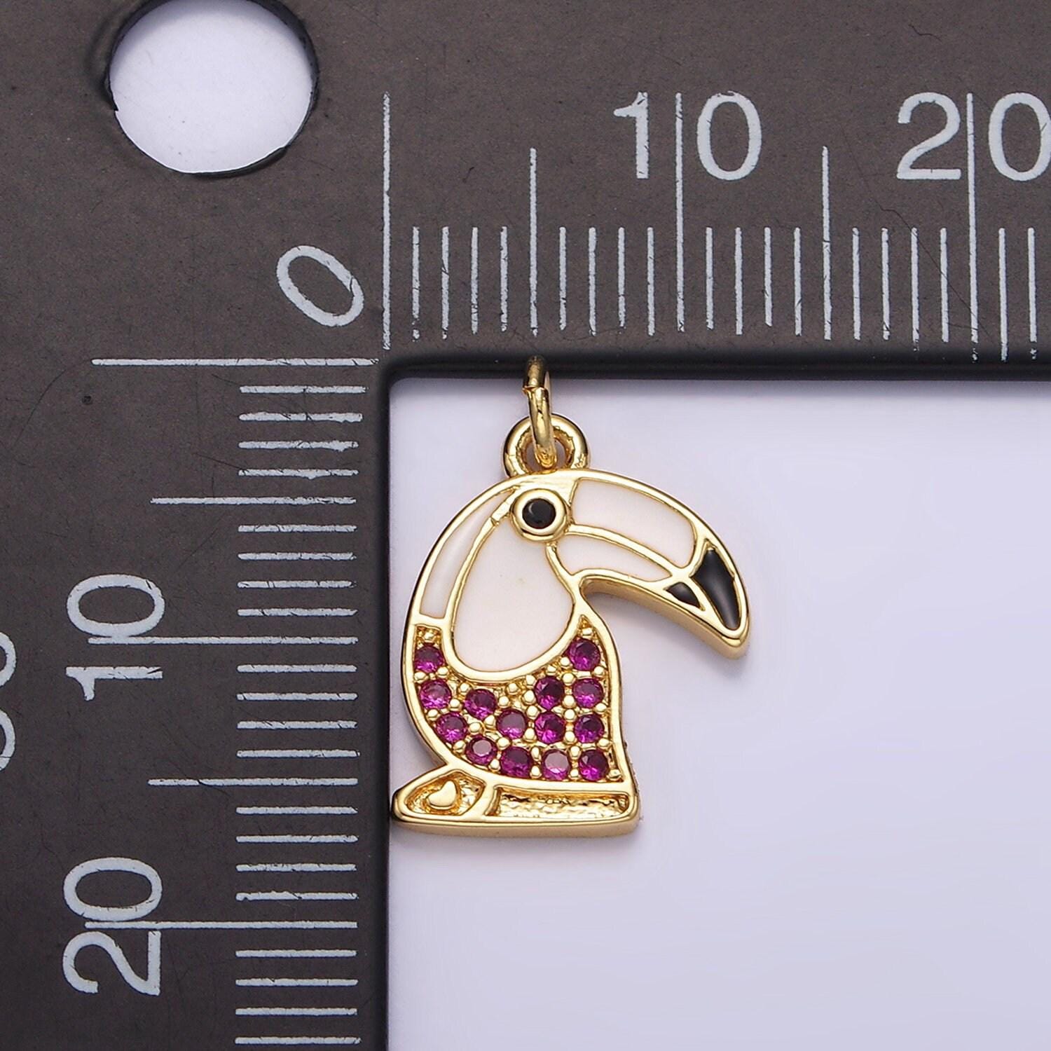 14k gold filled long-beak hummingbird animal fuchsia micro paved cz black & white enamel charm | n1518