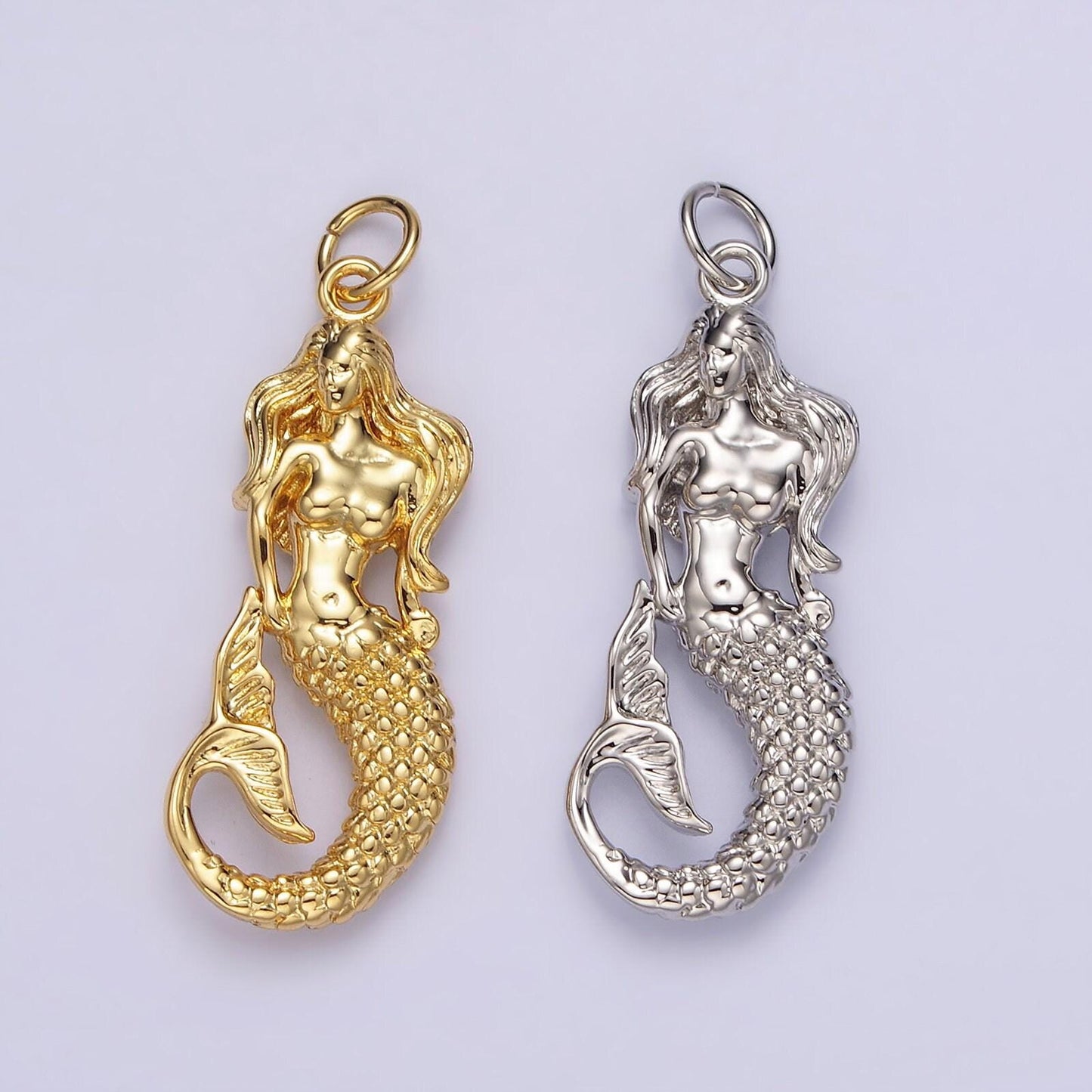 14k gold filled 30mm ocean sea mermaid textured charm in gold & silver | n1506 n1510