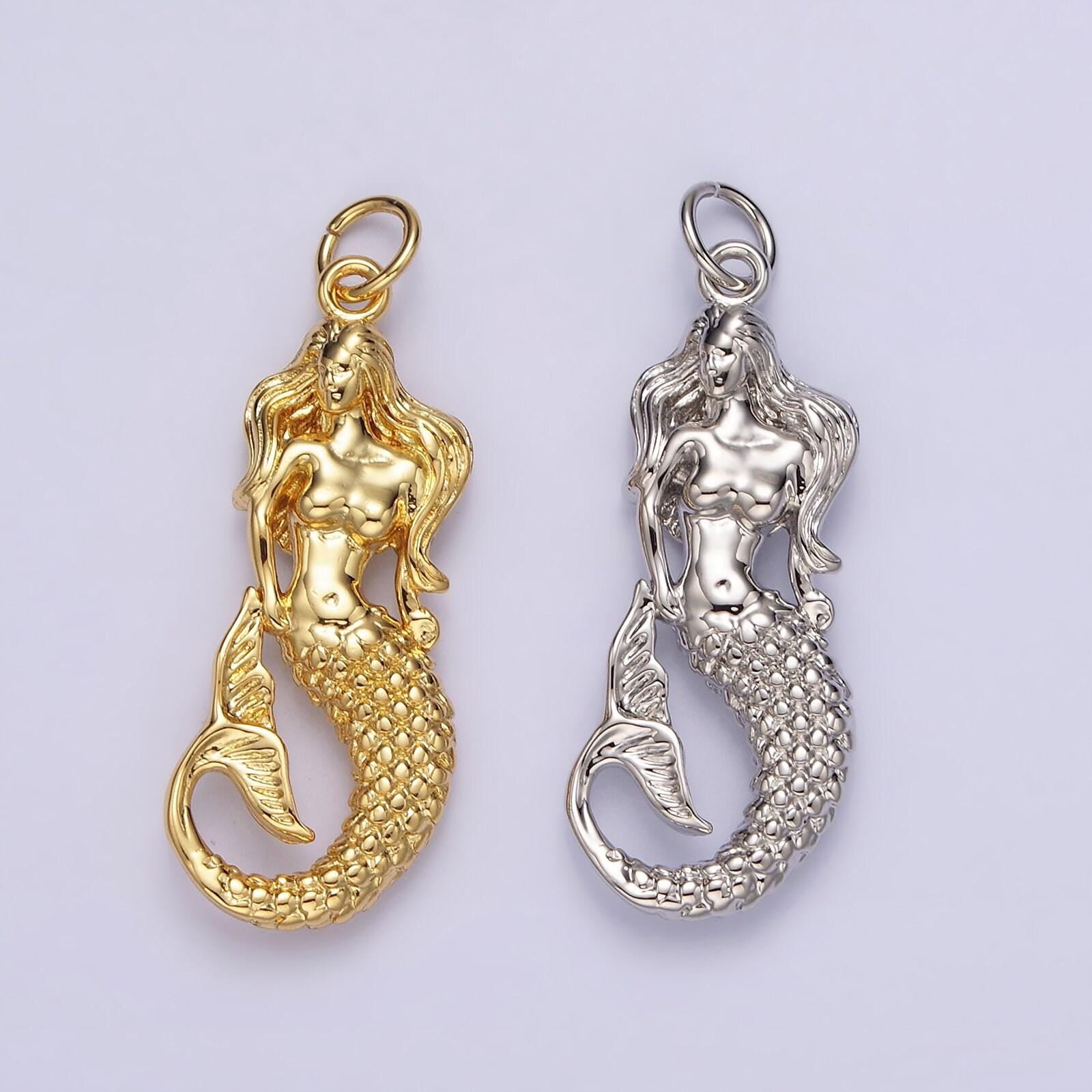 14k gold filled 30mm ocean sea mermaid textured charm in gold & silver | n1506 n1510