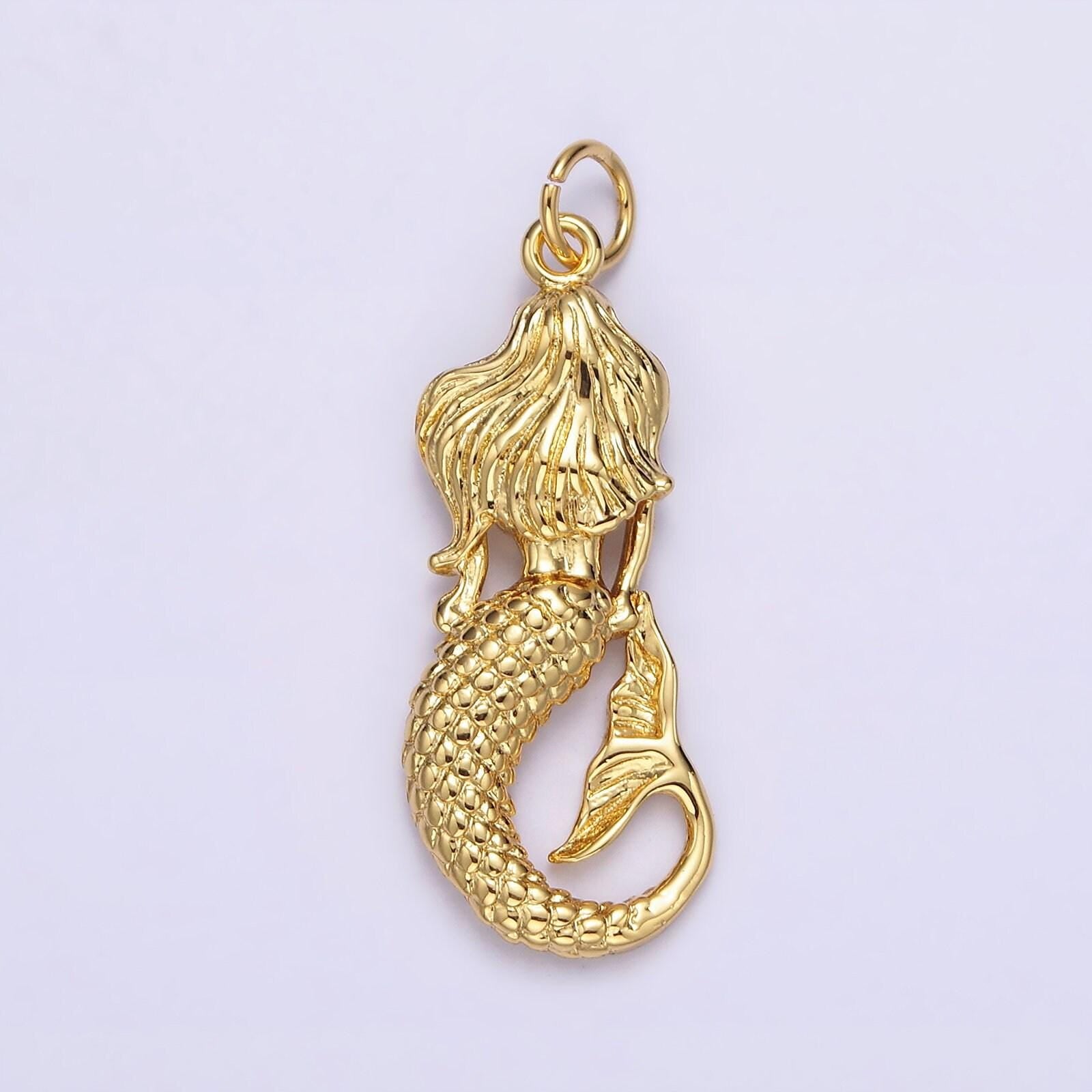 14k gold filled 30mm ocean sea mermaid textured charm in gold & silver | n1506 n1510