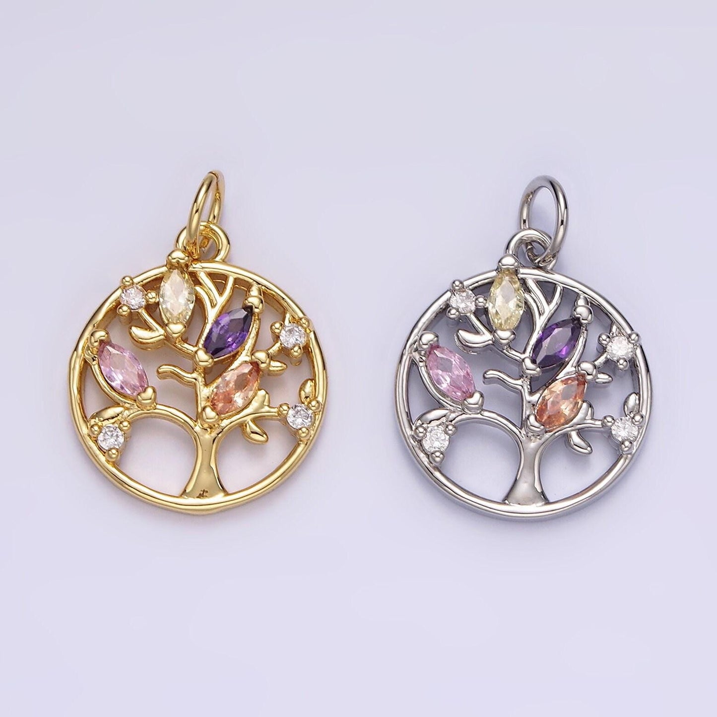 14k gold filled multicolor marquise cz leaf tree open round charm in gold & silver | n1500 n1501