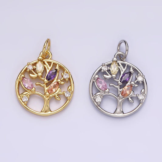 14k gold filled multicolor marquise cz leaf tree open round charm in gold & silver | n1500 n1501