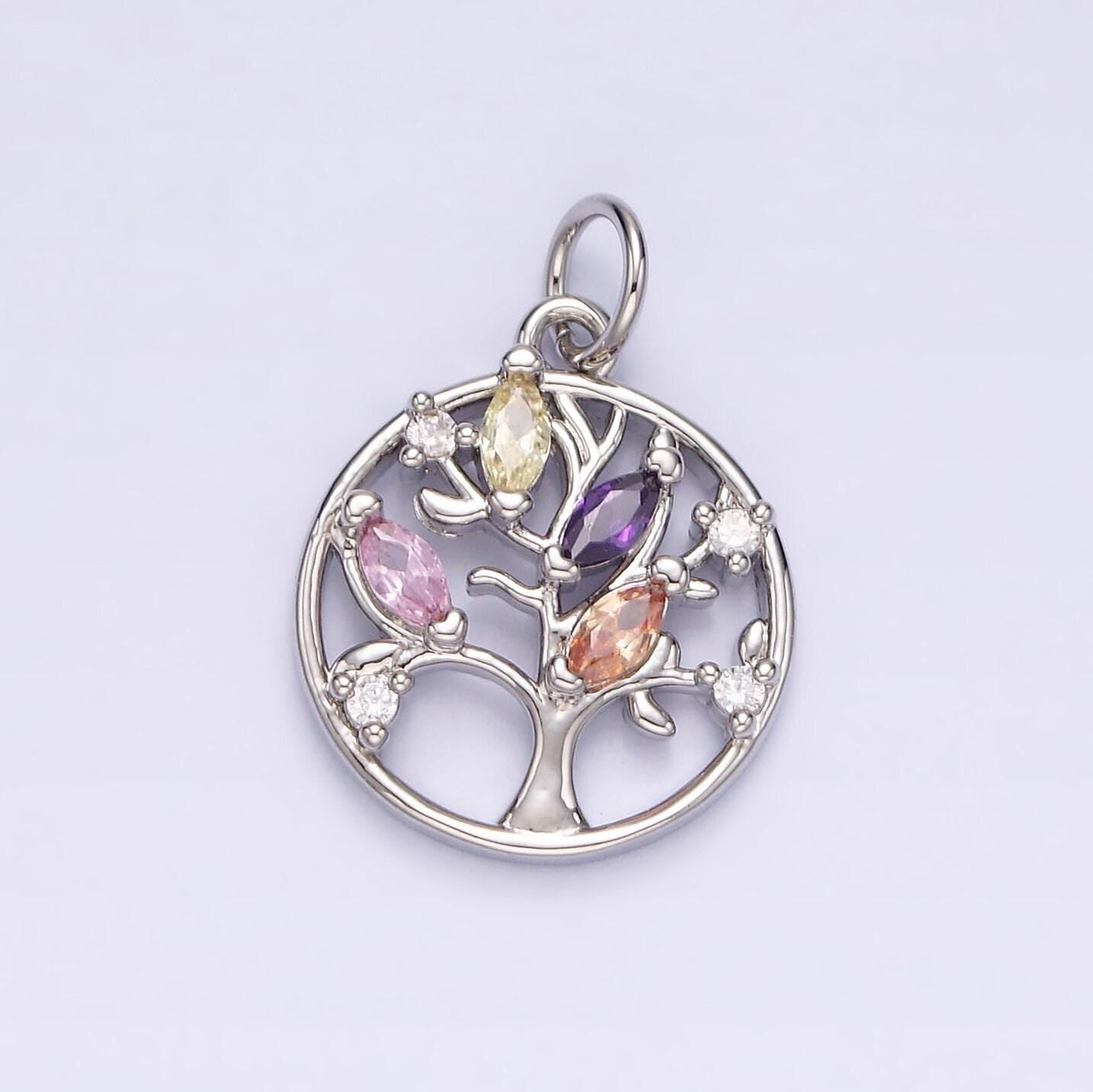 14k gold filled multicolor marquise cz leaf tree open round charm in gold & silver | n1500 n1501