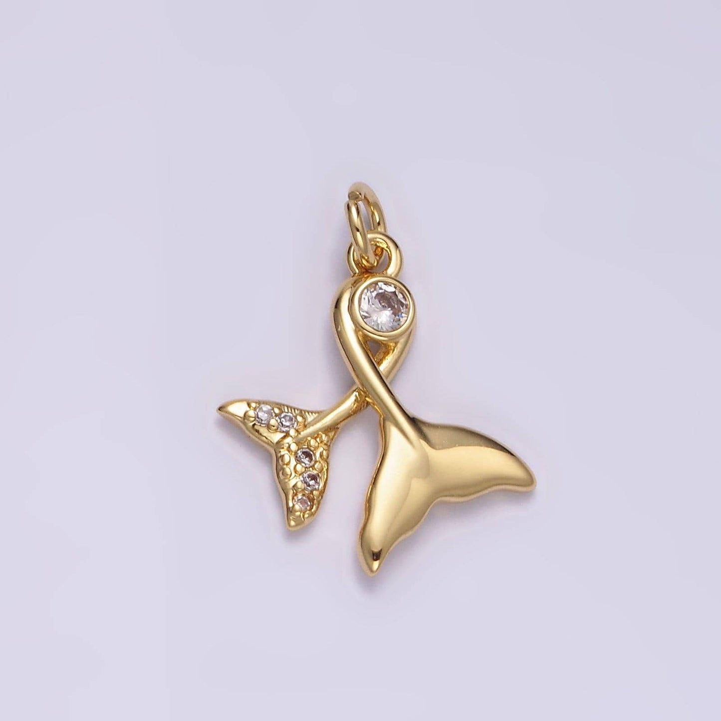 14k gold filled 18mm clear cz double mermaid ocean micro paved whale tail charm | n1488