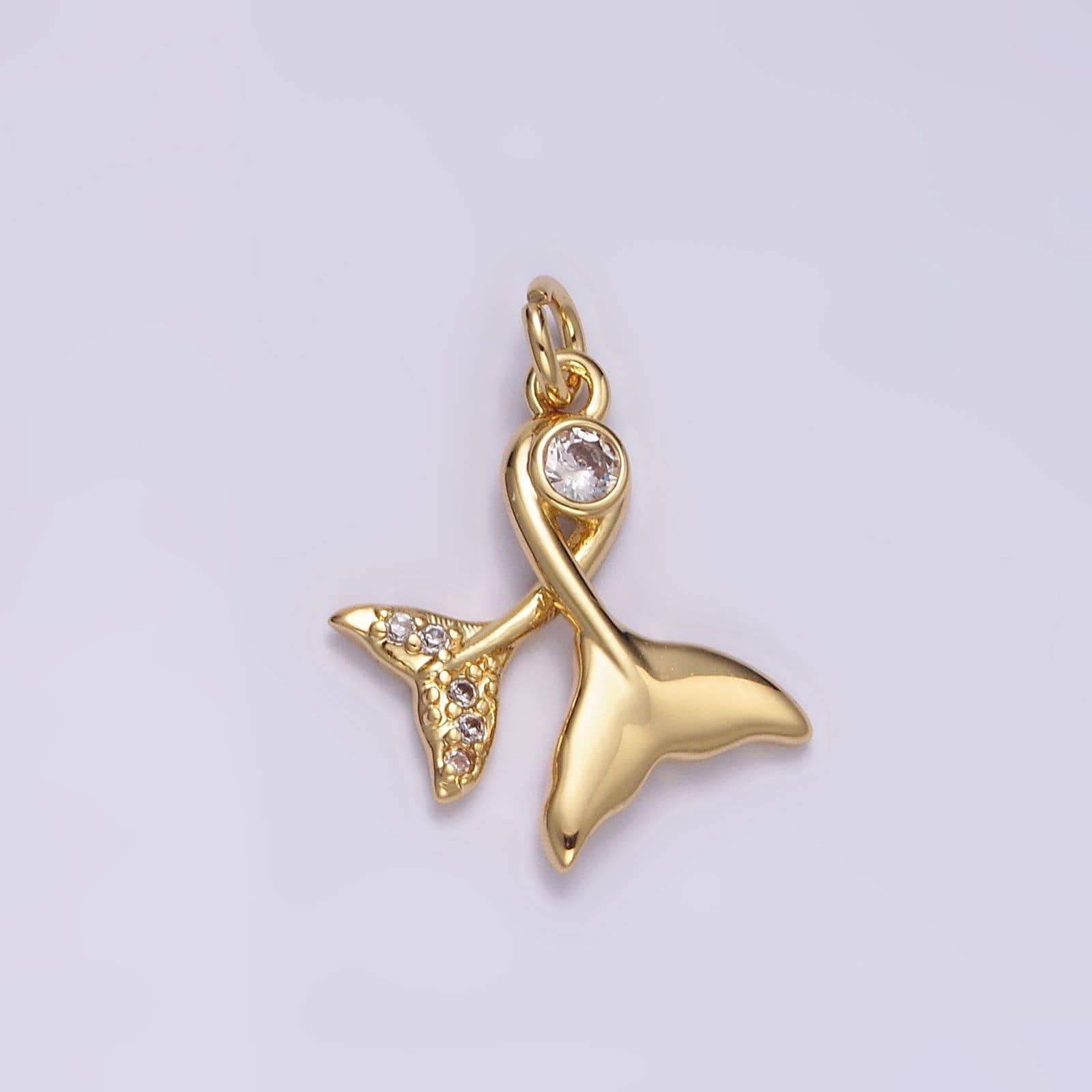 14k gold filled 18mm clear cz double mermaid ocean micro paved whale tail charm | n1488