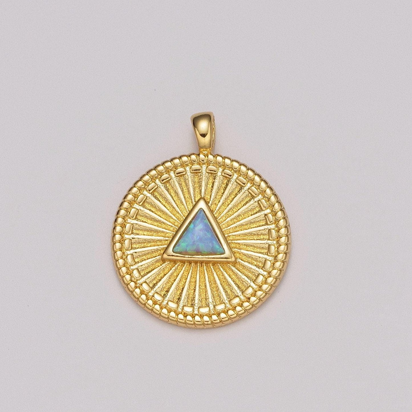 Gold medallion charm, opal triangle coin charm sunburst geometric amulet layering necklace charm