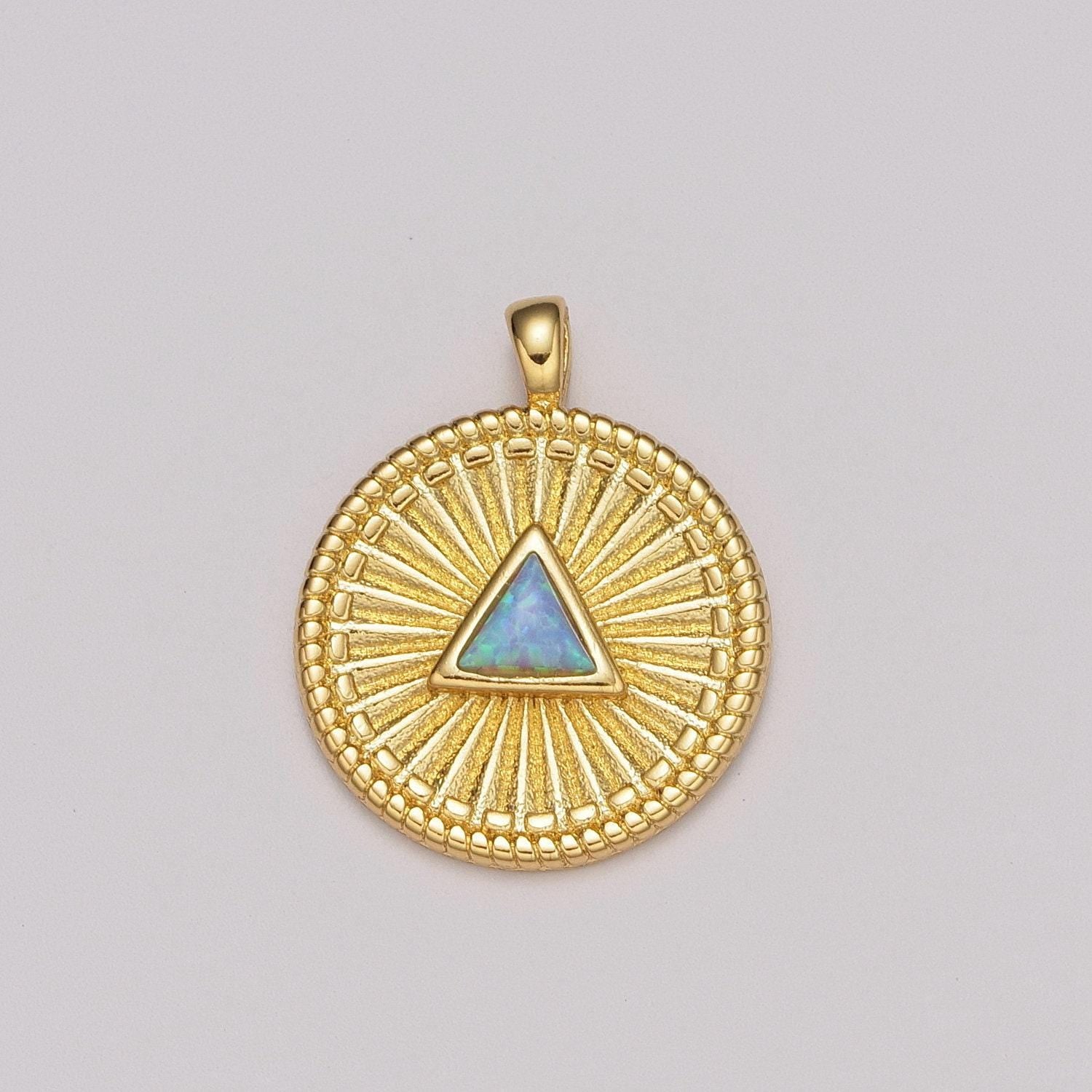 Gold medallion charm, opal triangle coin charm sunburst geometric amulet layering necklace charm