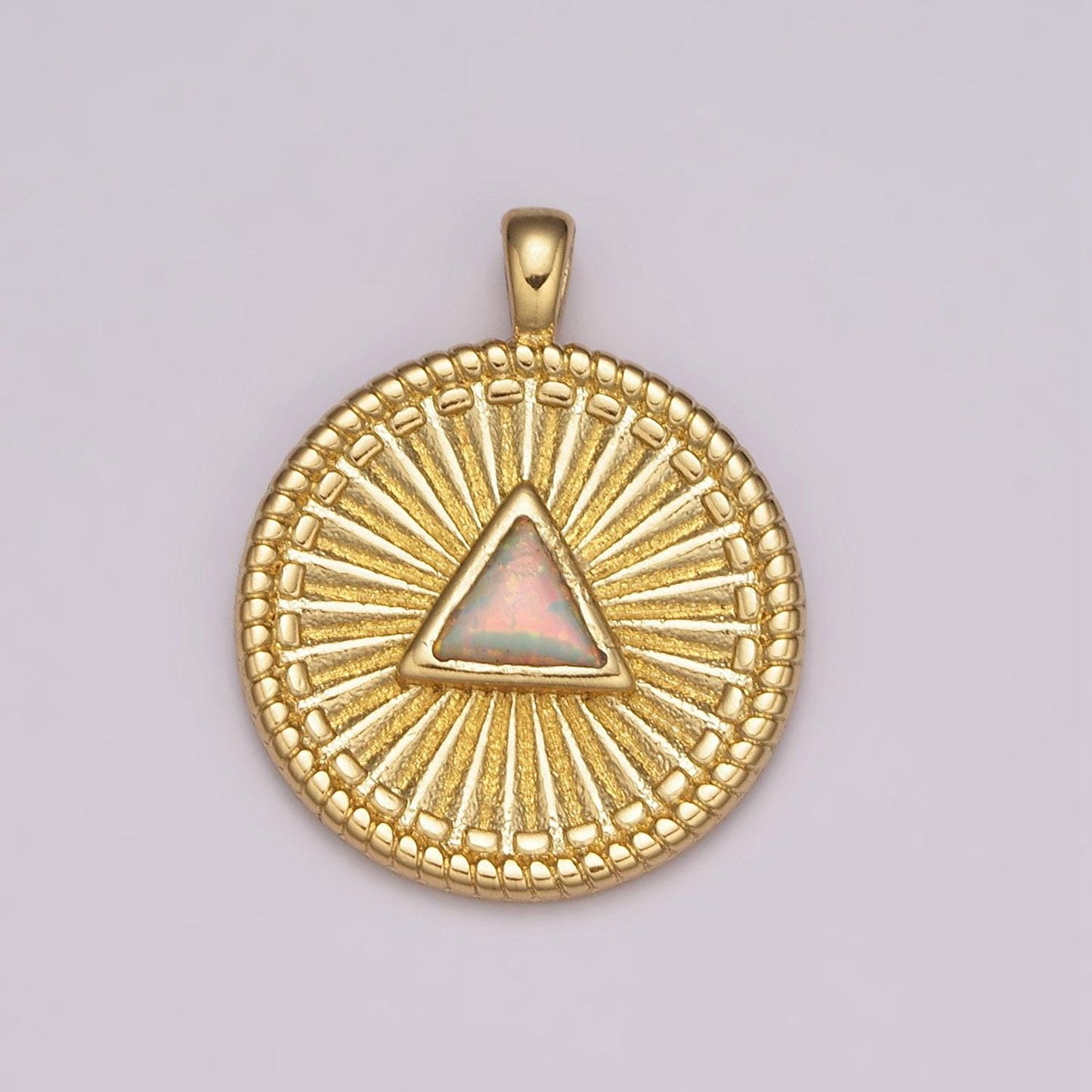 Gold medallion charm, opal triangle coin charm sunburst geometric amulet layering necklace charm