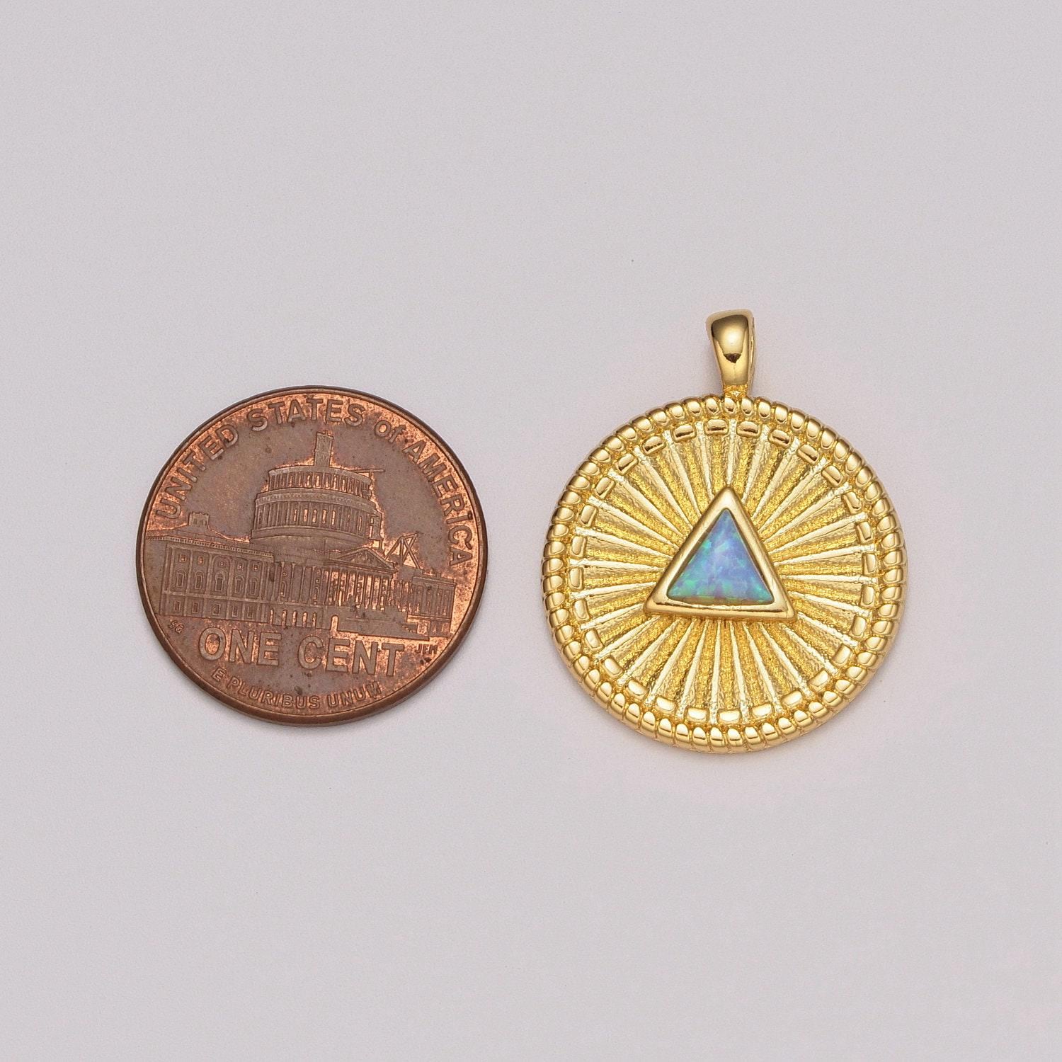 Gold medallion charm, opal triangle coin charm sunburst geometric amulet layering necklace charm