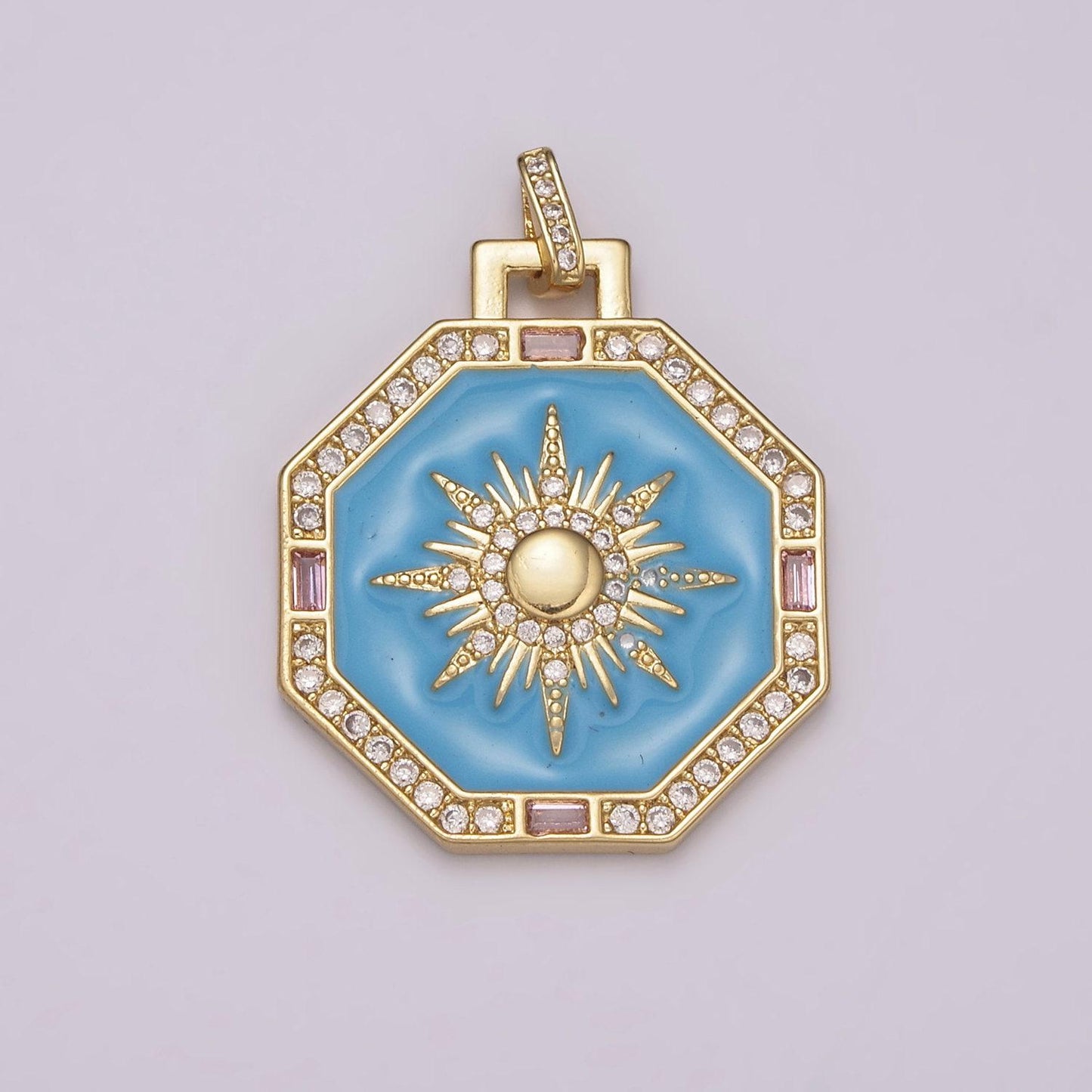Blue enamel micro pave sun pendant sun ray dainty medallion charm for necklace findings for jewelry making, b-930