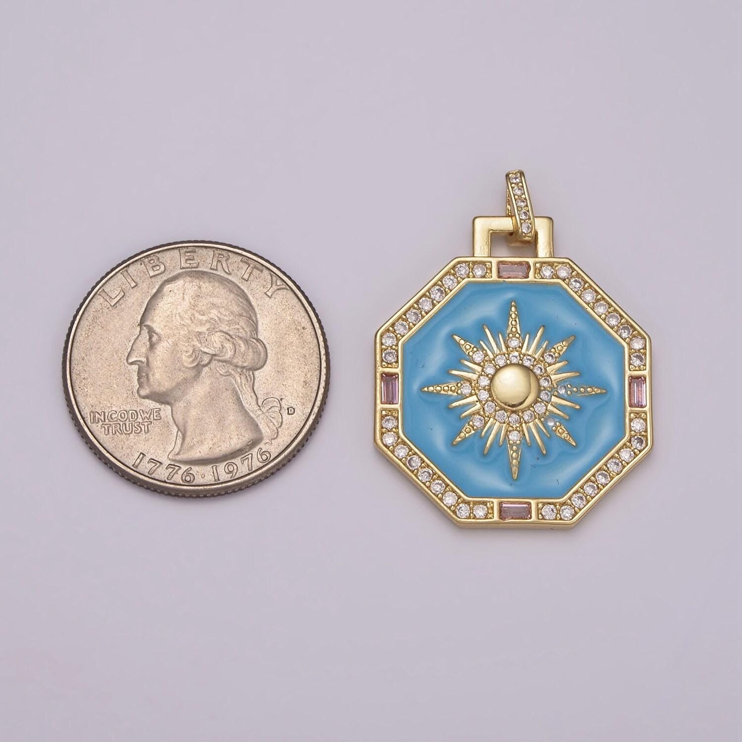 Blue enamel micro pave sun pendant sun ray dainty medallion charm for necklace findings for jewelry making, b-930