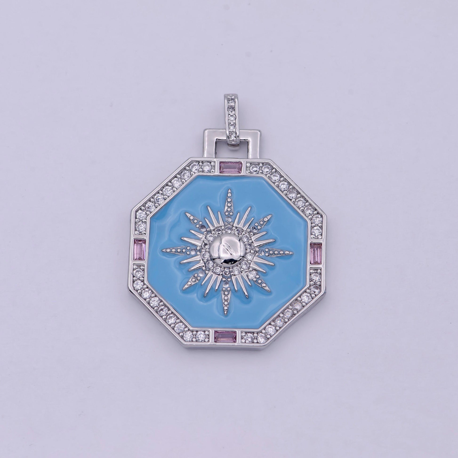 Blue enamel micro pave sun pendant sun ray dainty medallion charm for necklace findings for jewelry making, b-930